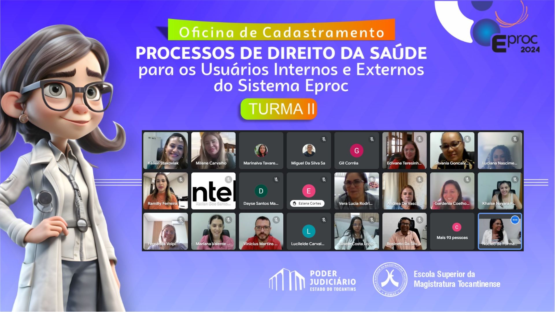 Imagem colorida (roxo e roxo claro) com uma personagem artificial com roupas de enfermeira no lado esquerdo da imagem, e no direito, uma tela de reunião virtual do google meet com várias pessoas 