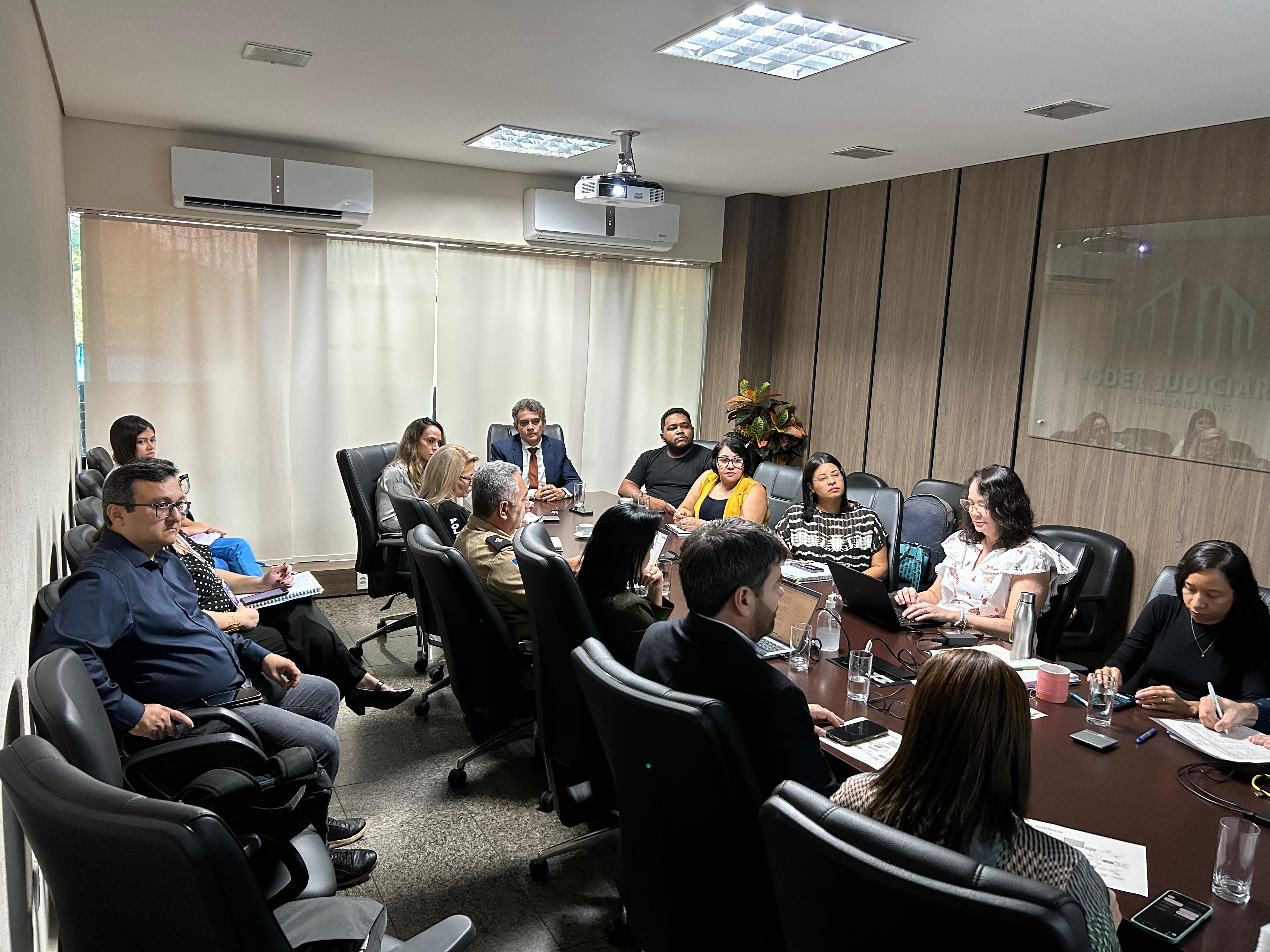 Juiz Allan Martins reunido com vários profissionais, em uma sala de reuniões do TJTO, para discutir a Política Antimanicomial no Judiciário