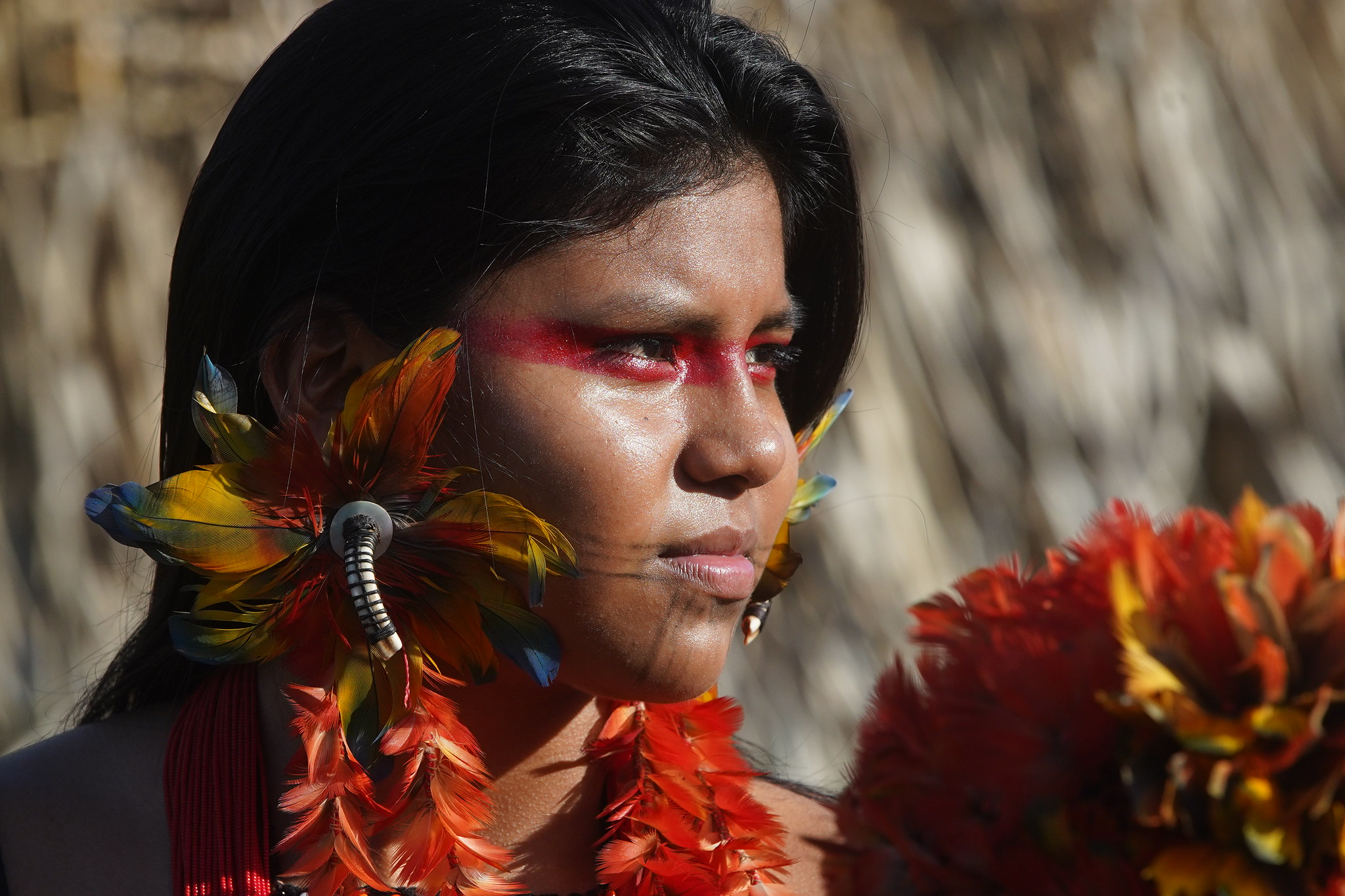 Imagem de mulher indígena de perfil com adornos em tons vermelhos e amarelos e pintura facial vermelha