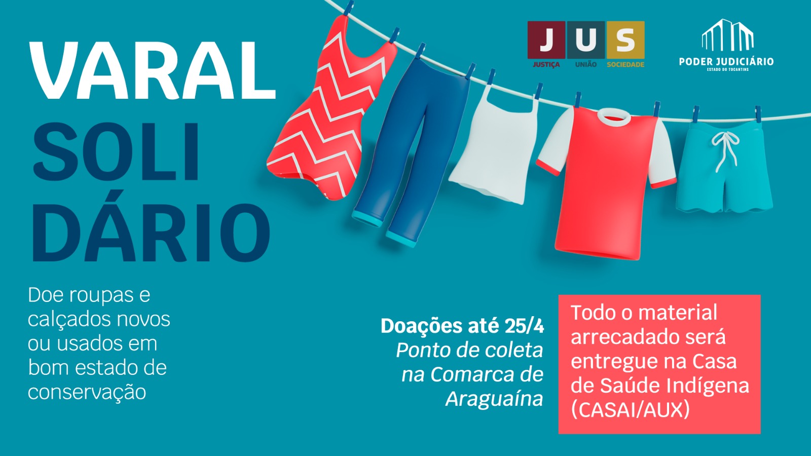 Card azul com imagem de varal de roupa remetendo à campanha de arrecadação de roupas realizada pelo Fórum de Araguaína