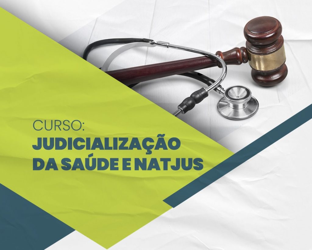 Imagem em tons branco, azul escuro e verde neon sobre curso de judicialização de saúde