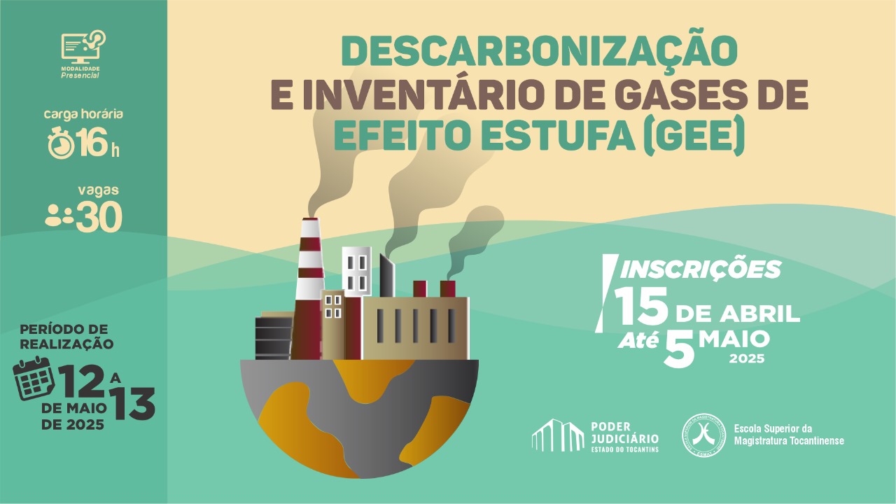 A imagem apresenta um banner informativo sobre um curso voltado à descarbonização e inventário de gases de efeito estufa (GEE). No centro, destaca-se uma ilustração simbólica: metade do planeta Terra em sua forma natural, representando o meio ambiente, e a outra metade composta por prédios industriais que liberam fumaça, simbolizando a atividade humana e suas emissões. O banner traz as principais informações do curso.Período de realização: 12 a 13 de maio de 2025; Carga horária: 16 horas;Vagas disponíveis: 30; Período de inscrições: de 15 de abril a 5 de maio de 2025.