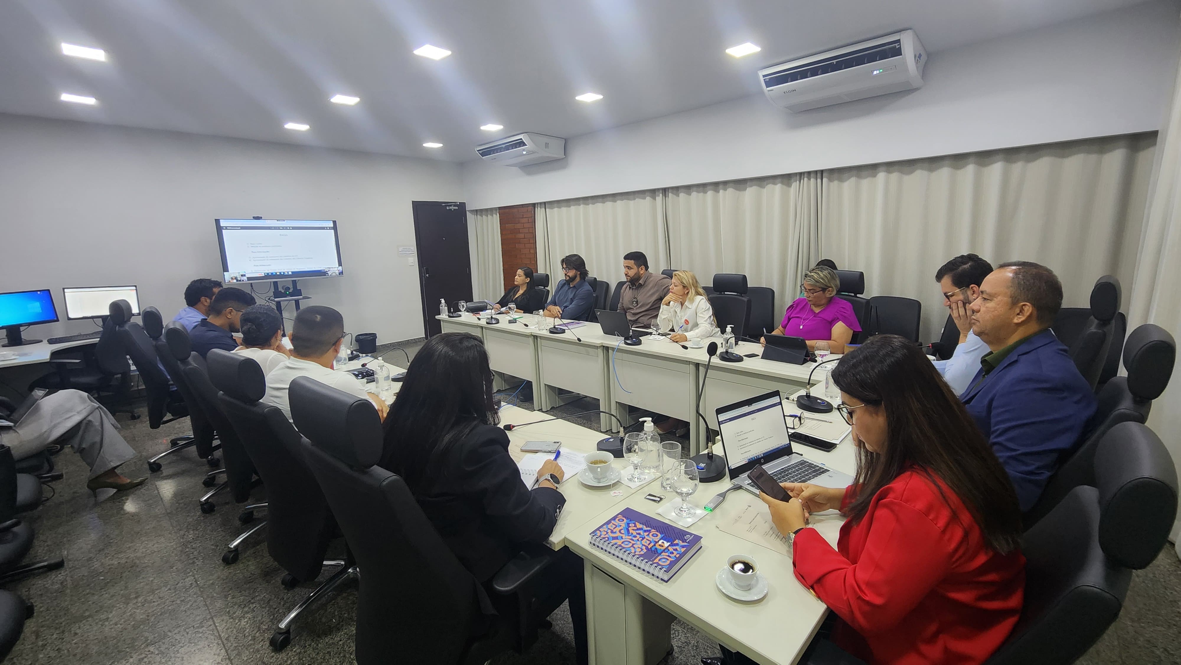 Imagem do um grupo de pessoas reunidas em uma sala de reuniões; na imagem aparecem mesas brancas e um monitor ligado ao fundo