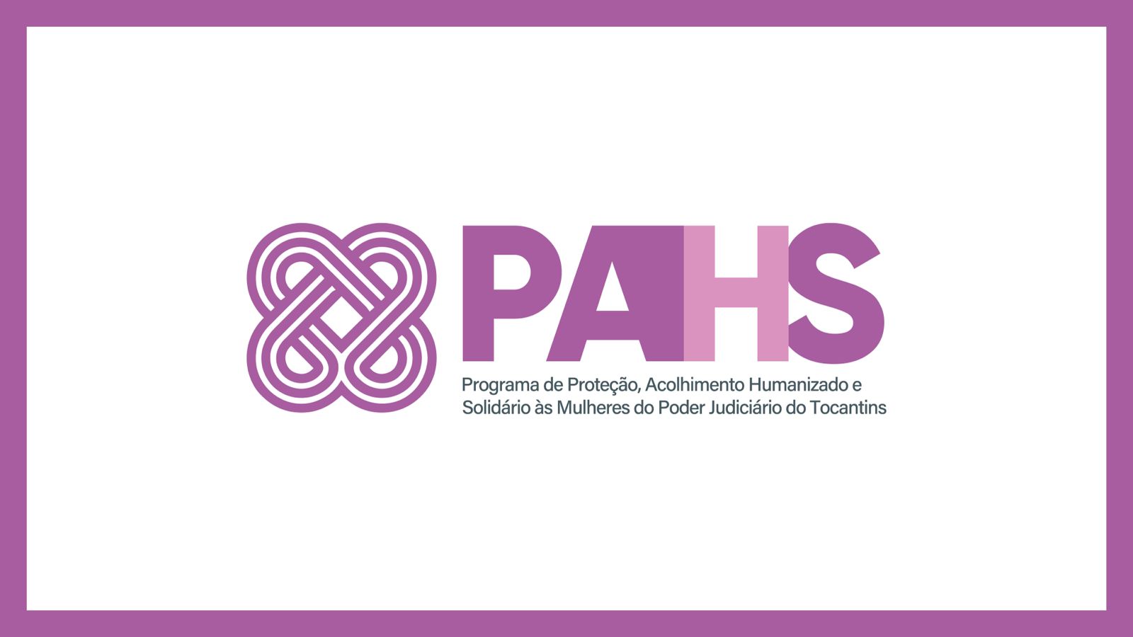 Arte em fundo branco e bordas em lilás com logo e nome PAHS ao centro em fonte lilás