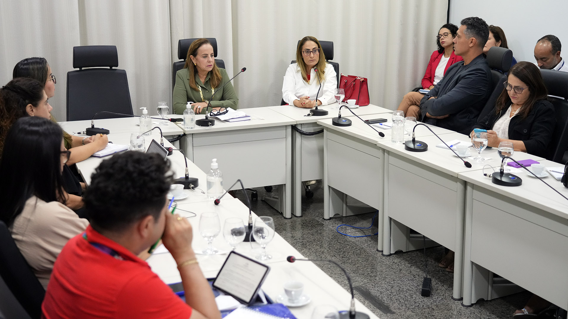 Em uma sala de reunião, várias pessoas reunidas; a sala tem várias mesas brancas em formato em "u", cadeiras pretas e microfones