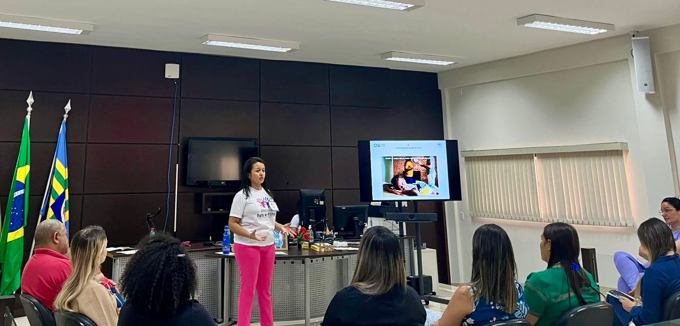 Em um auditório, várias pessoas sentadas, de costa, assistindo a uma palestra; de frente a instrutora fala; na imagem aparecem um monitor à direita, uma mesa ao fundo e bandeiras à esquerda.