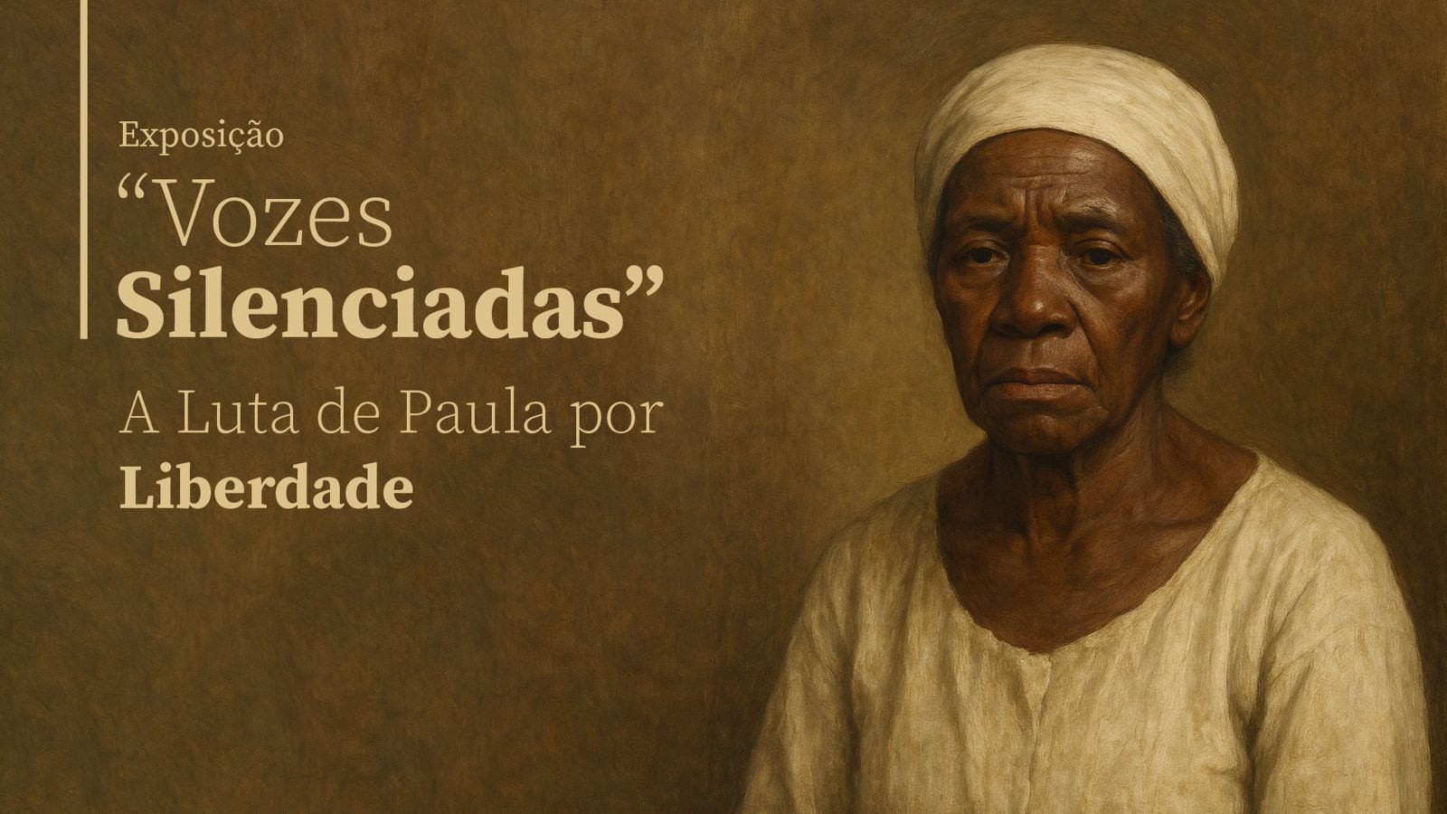A imagem mostra um cartaz com um retrato de uma mulher idosa, com expressão séria e um véu branco na cabeça, que representa a luta por liberdade. E tem a frase escrita: Exposição “Vozes silenciadas” a luta de Paula por liberdade.