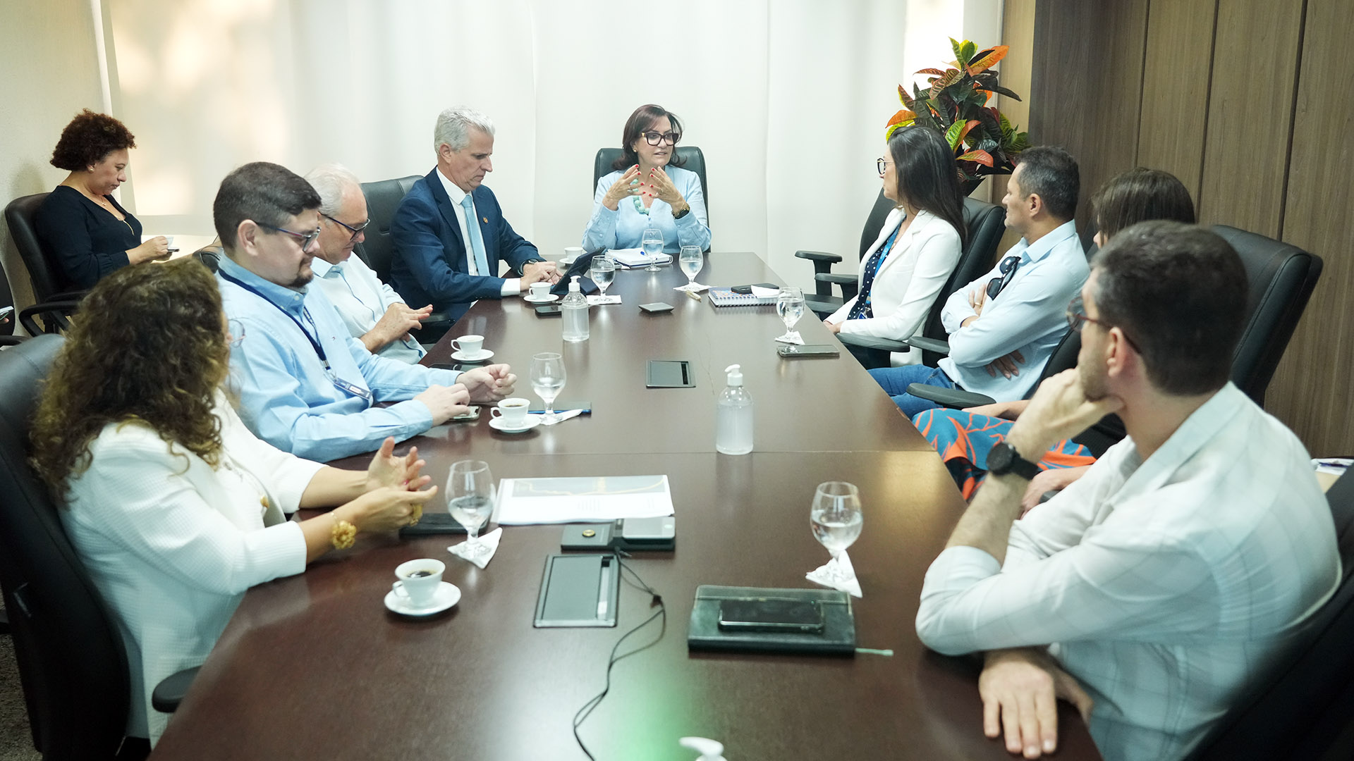 várias pessoas reunidas em volta de uma grande mesa de reunião, ao centro a desembargadora Etelvina Maria Sampaio