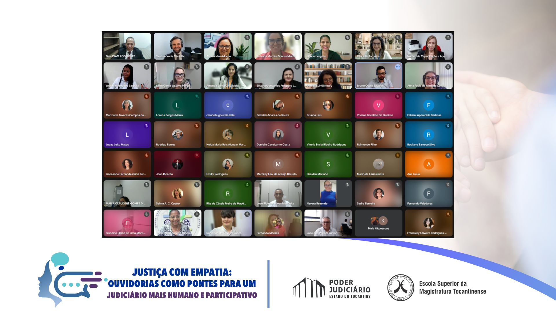 Print de tela de reunião virtual com diversas pessoas online assistindo palestra sobre ouvidoria judiciária