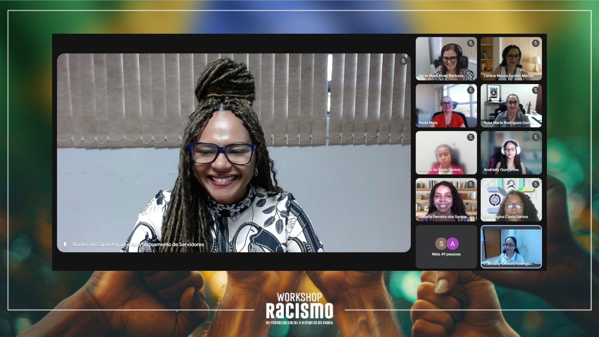 A imagem mostra o workshop virtual sobre racismo, mostrando várias pessoas em diferentes janelas de vídeo, interagindo em uma reunião online.