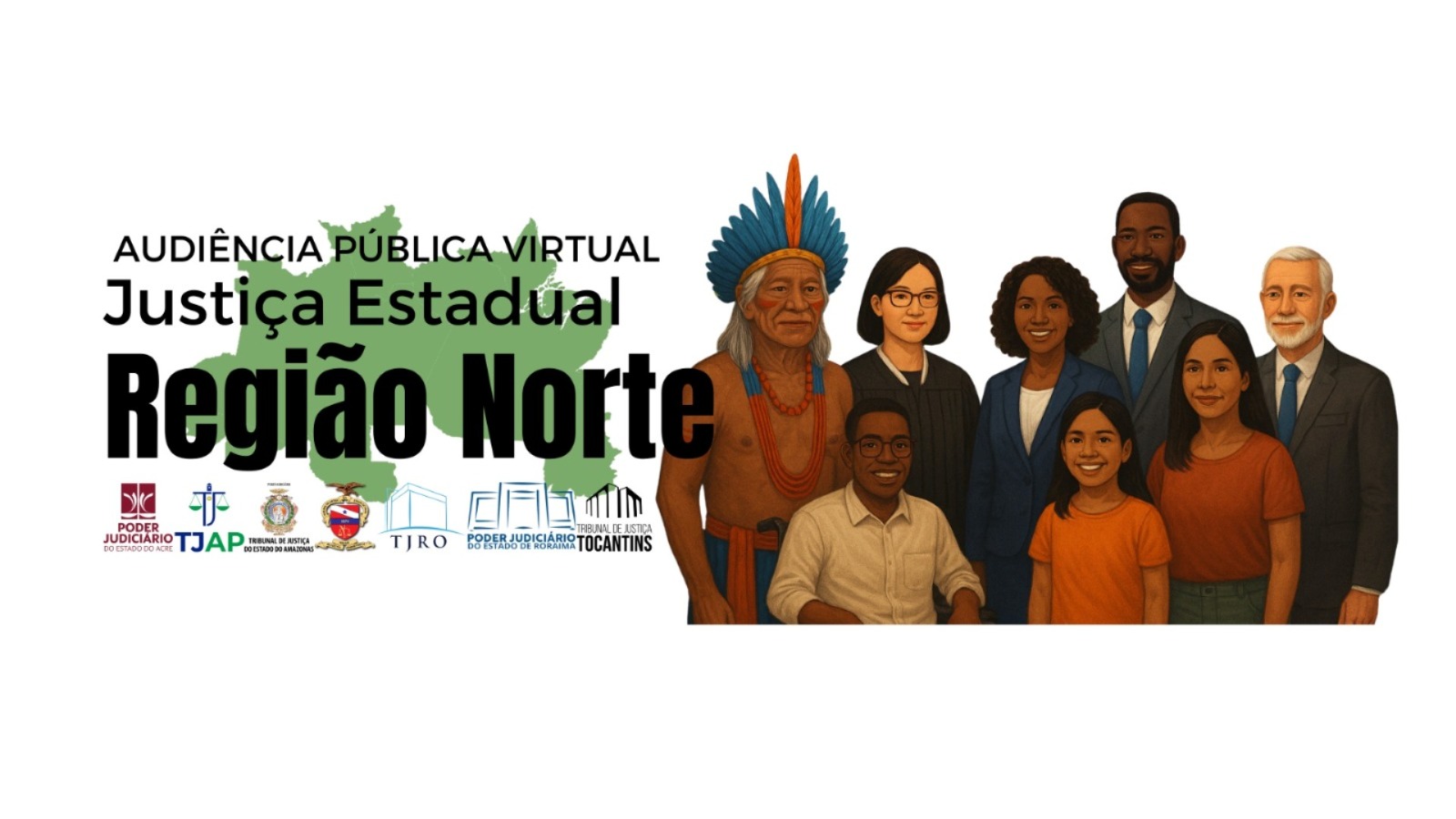 Arte digital da campanha da Audiência Pública Virtual da Justiça Estadual – Região Norte. À esquerda, os dizeres: “Audiência Pública Virtual – Justiça Estadual – Região Norte”, com fundo verde em formato do mapa da região Norte. Abaixo, os logotipos dos Tribunais de Justiça dos estados do Acre, Amapá, Amazonas, Pará, Rondônia, Roraima e Tocantins. À direita, ilustração de grupo diverso de pessoas, incluindo um homem indígena com cocar, mulheres negras e asiáticas, homens brancos e negros, além de duas meninas, representando a diversidade étnica e geracional da população brasileira.