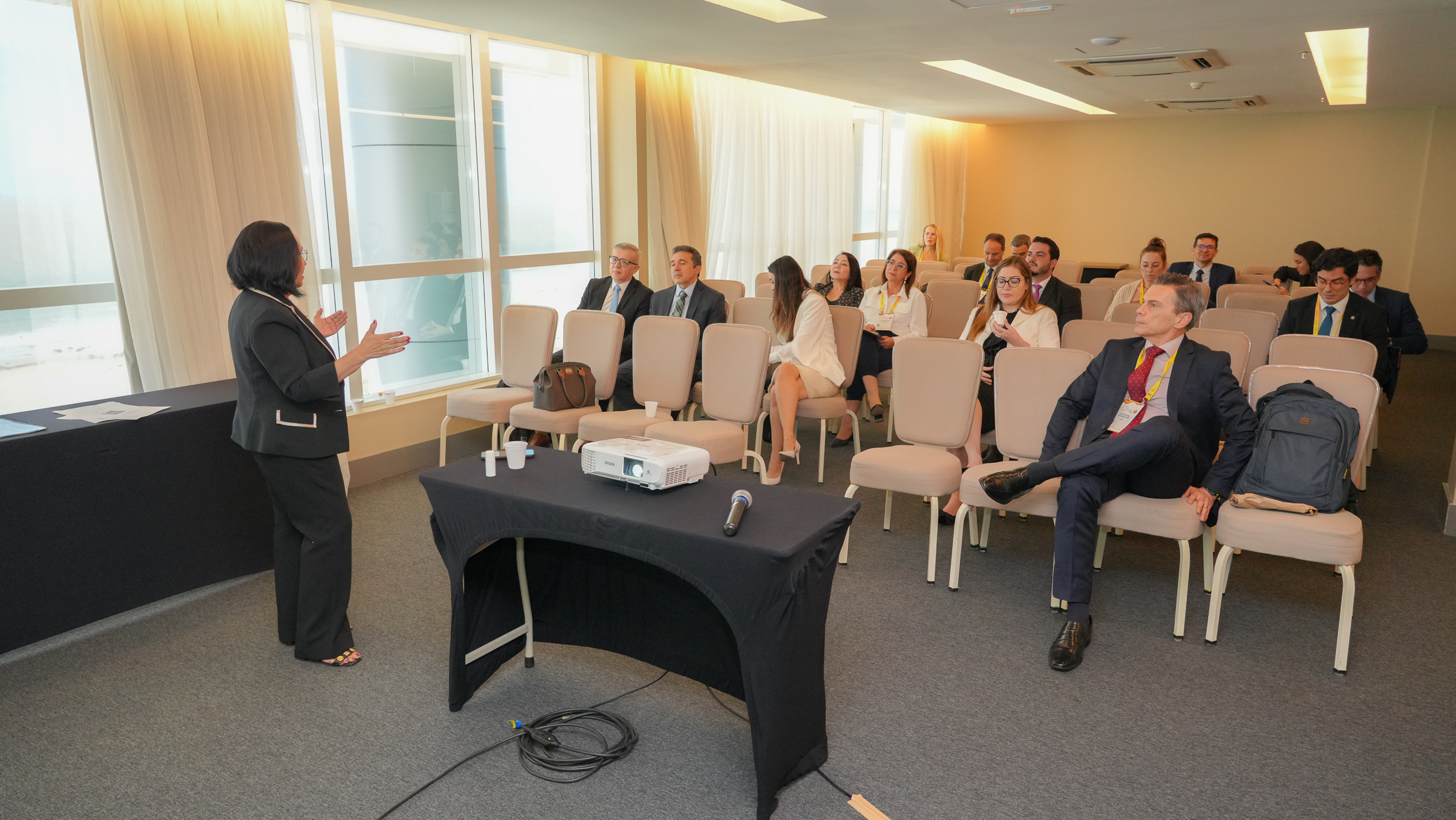 Sala de conferência com público pequeno. Mulher em pé faz apresentação. Participantes, em trajes formais, acompanham sentados. Ambiente claro, com janelas grandes e mesa com projetor à frente.