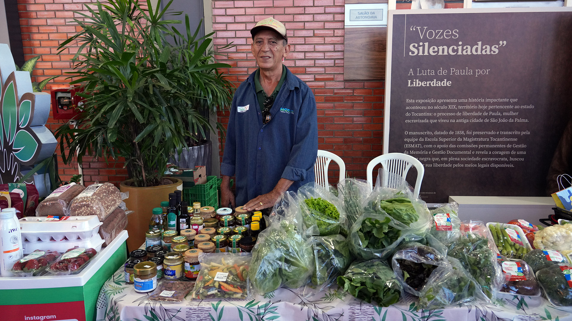A imagem destaca um homem como figura central, vendendo produtos frescos como hortaliças, pães e ovos. Ele participa da segunda edição de 2025 da Feira Ecosolidária, do Tribunal de Justiça do Tocantins.
