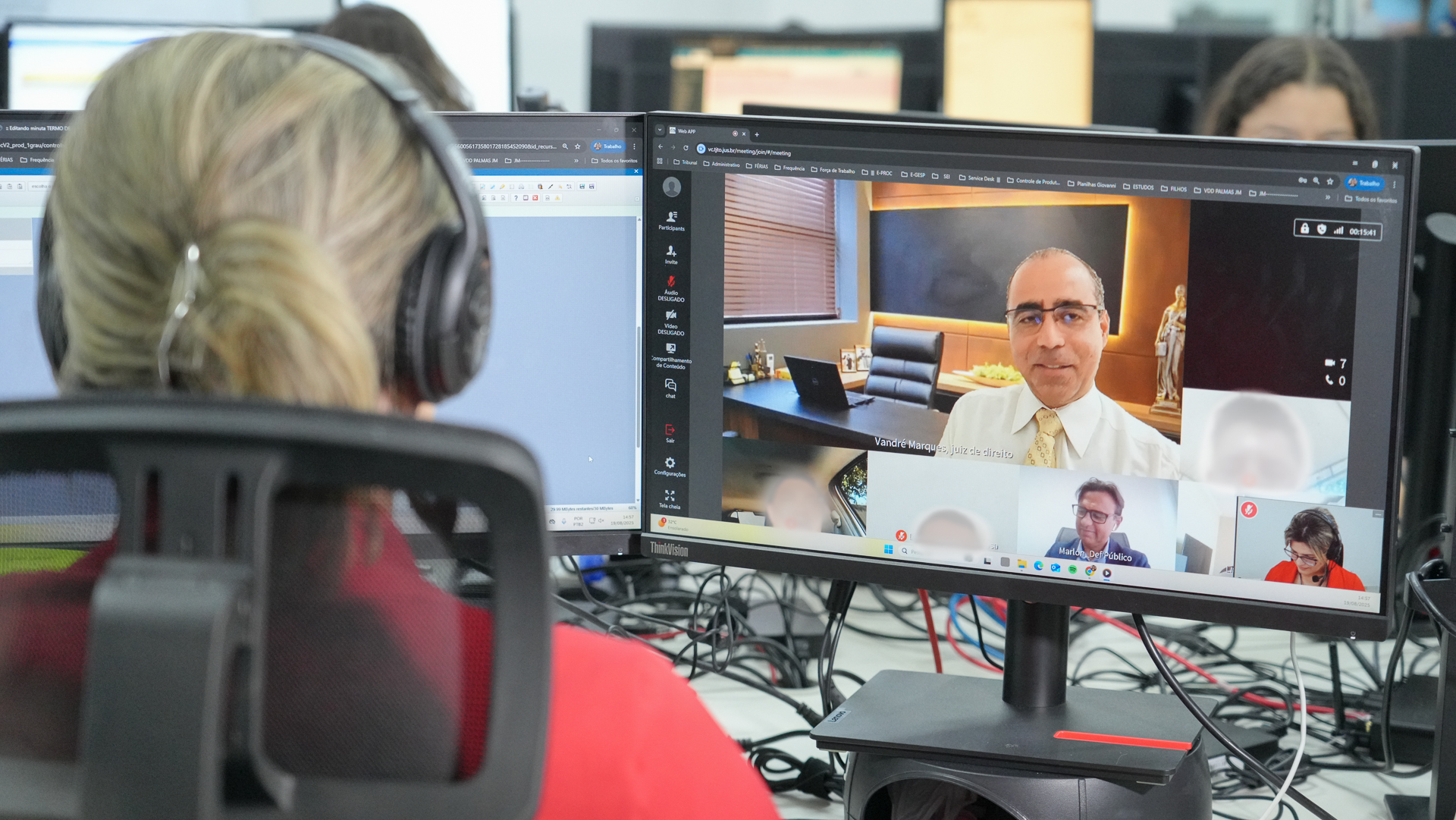 foto de um monitor com a imagem de pessoas projetadas participando de audiência virtual; de costa, aparece uma pessoa sentada,  trabalhando no computador