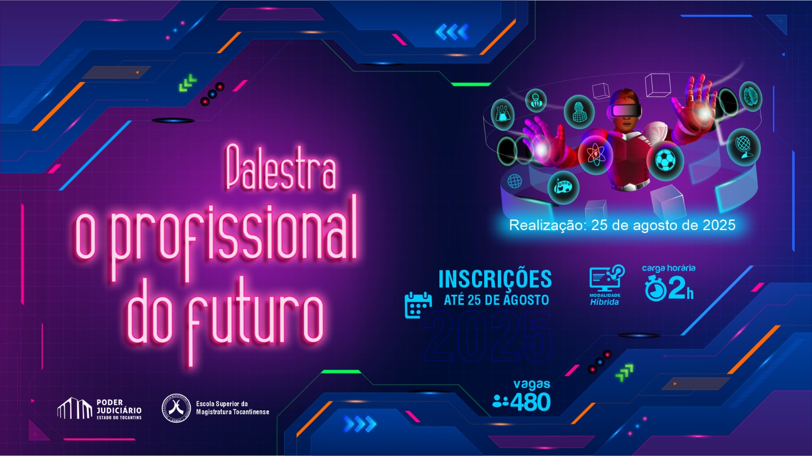 A imagem mostra o pôster da palestra intitulada "O profissional do futuro". O cenário é virtual, simulando um ambiente de realidade aumentada ou realidade virtual, com a figura central interagindo com diversos ícones.