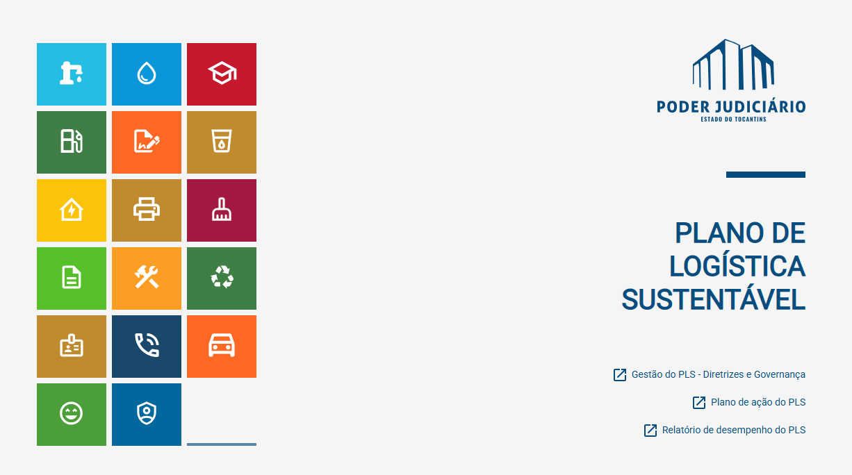 Arte e, fundo branco com título "Plano de Logística Sustentável", acompanhado de ícones e informações sobre gestão do PLS