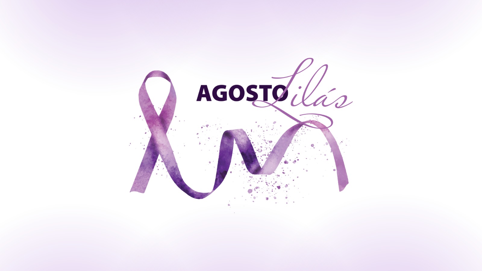 Arte gráfica em tons claros de lilás, ao centro uma fita lilás e a frase "Agosto Lilás"