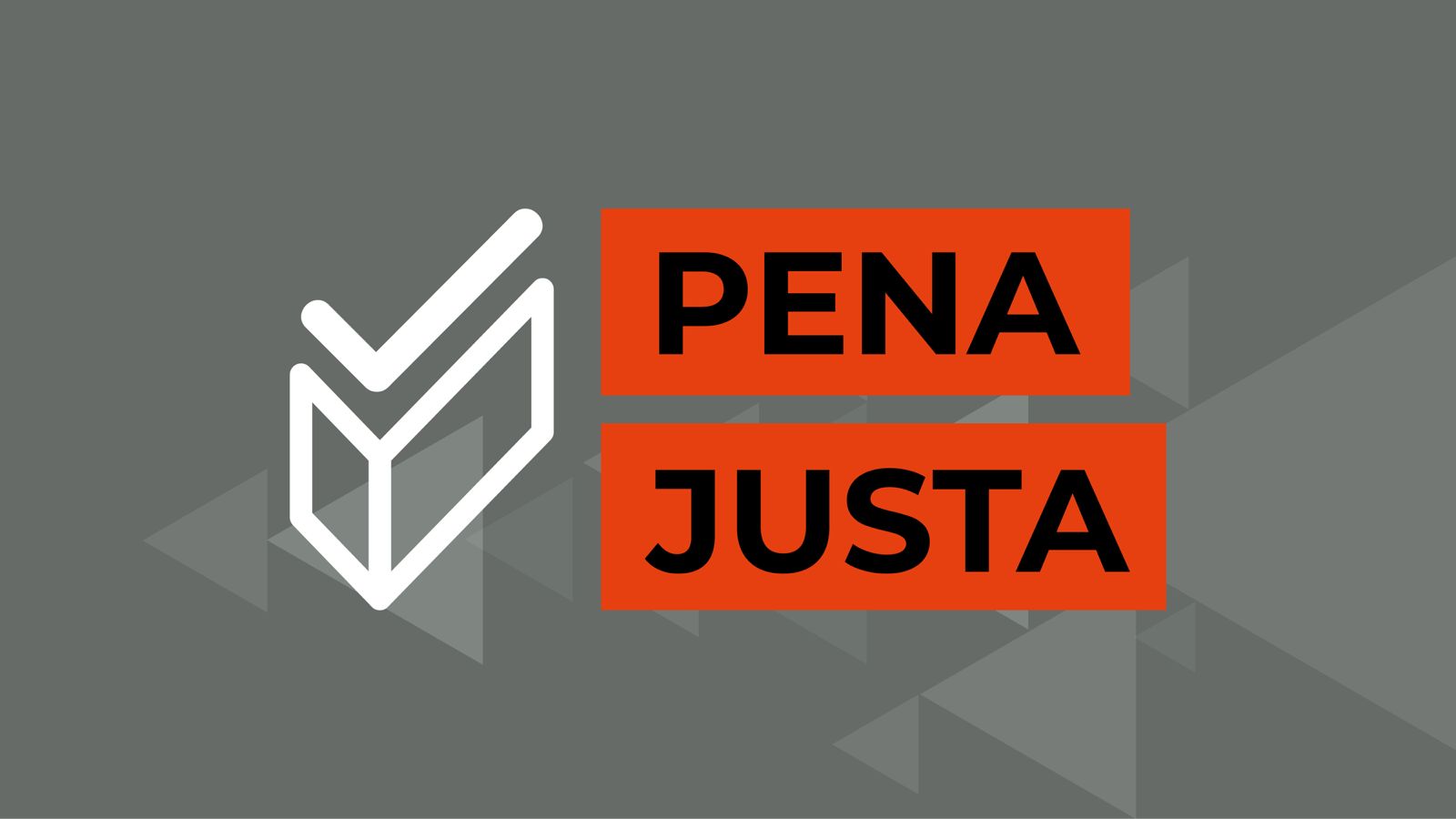 Arte gráfica com fundo cinza e ao centro uma logo em traços brancos e o nome Pena Justa em fundo vermelho e fonte preta