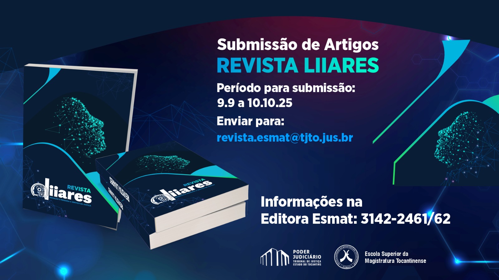 A imagem é uma peça promocional da revista LiiAres. O material apresenta capas da publicação, orientações sobre submissão de trabalhos e informações de contato, em um layout de design moderno.