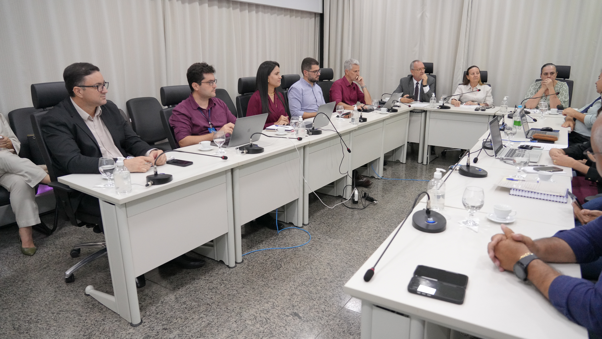 Em uma sala de reuniões ampla e bem iluminada, cerca de doze pessoas estão sentadas ao redor de uma grande mesa branca em formato de “U”. Todos parecem atentos à discussão. Sobre as mesas há notebooks abertos, copos com água, garrafas, microfones e papéis de anotação. No centro da imagem, destacam-se três pessoas usando camisas em tons de vinho, uma delas uma mulher. À direita, um grupo de magistrados e servidores do Tribunal de Justiça do Tocantins acompanha o encontro, entre eles uma mulher de blazer claro e um homem de terno cinza. Ao fundo, há cortinas brancas fechadas, e o ambiente transmite formalidade e foco no diálogo institucional.