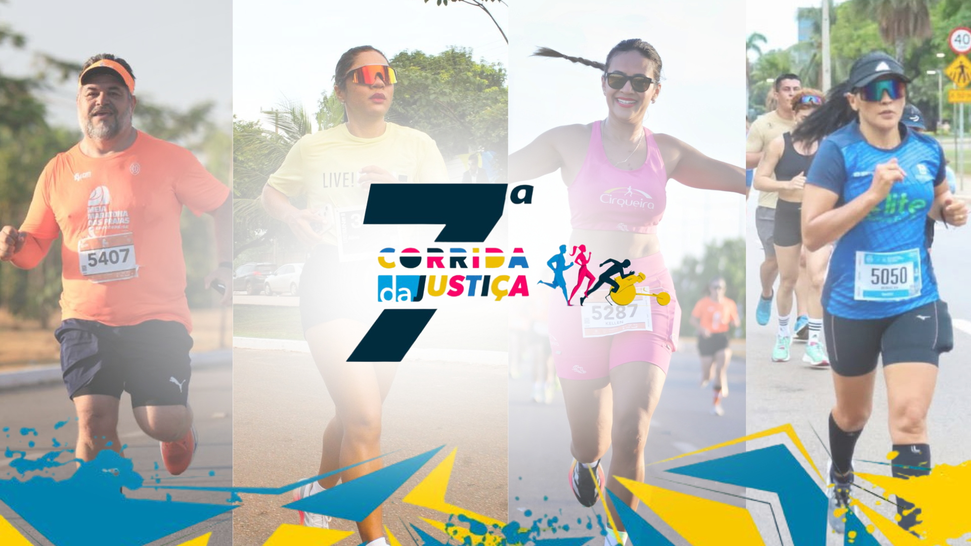 A imagem mostra diversos corredores em ação, vestindo roupas esportivas e com números de identificação visíveis, exibindo expressões de esforço e determinação, com o logotipo da 7ª Corrida da Justiça em destaque ao centro.