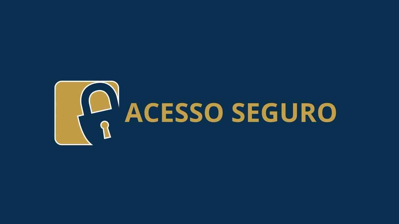 A imagem mostra um logotipo com um cadeado dentro de um quadrado dourado, acompanhado pelo texto "ACESSO SEGURO" em letras douradas, tudo sobre um fundo azul escuro.