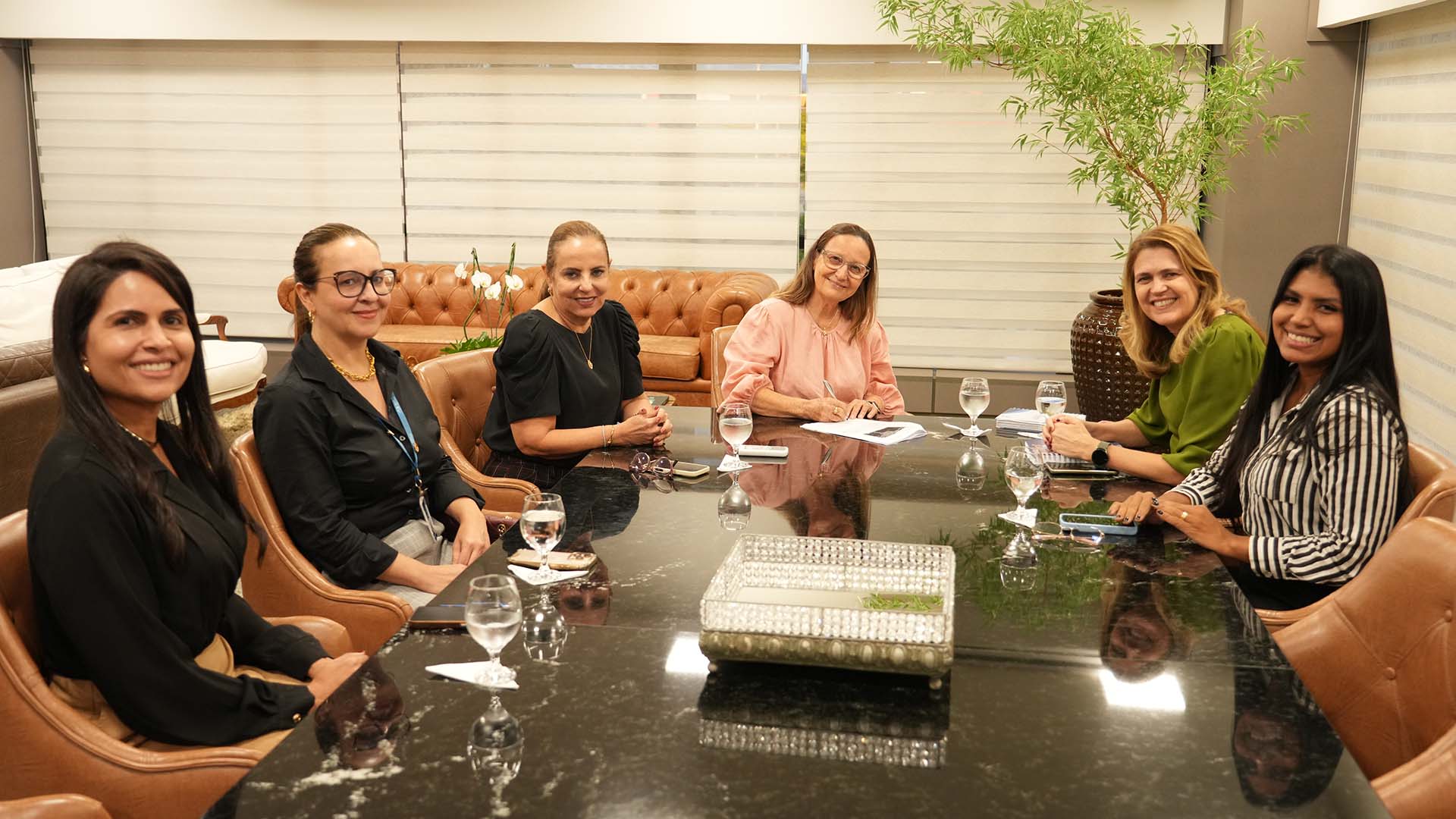 Imagem de uma mesa de reunião em ambiente institucional com seis mulheres que estão sentadas ao redor de uma mesa de mármore escuro, sorrindo em direção à câmera. Todas estão bem vestidas. Há copos com água sobre a mesa e um bloco de anotações sendo utilizado por uma delas. Ao fundo, poltronas de couro e uma planta decoram o espaço.