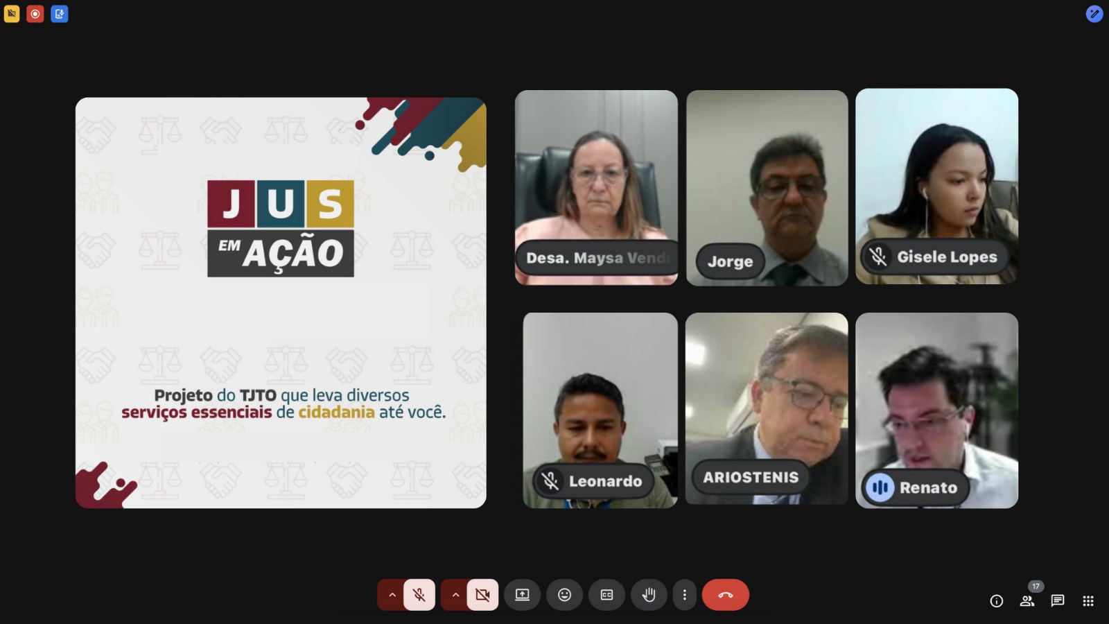 Reunião virtual do projeto Jus em Ação do TJTO. À esquerda, o logotipo do projeto e o texto “Projeto do TJTO que leva diversos serviços essenciais de cidadania até você”. À direita, seis participantes em videoconferência, entre eles a presidente desembargadora Maysa Vendramini Rosal e o juiz Jorge Amâncio de Oliveira.