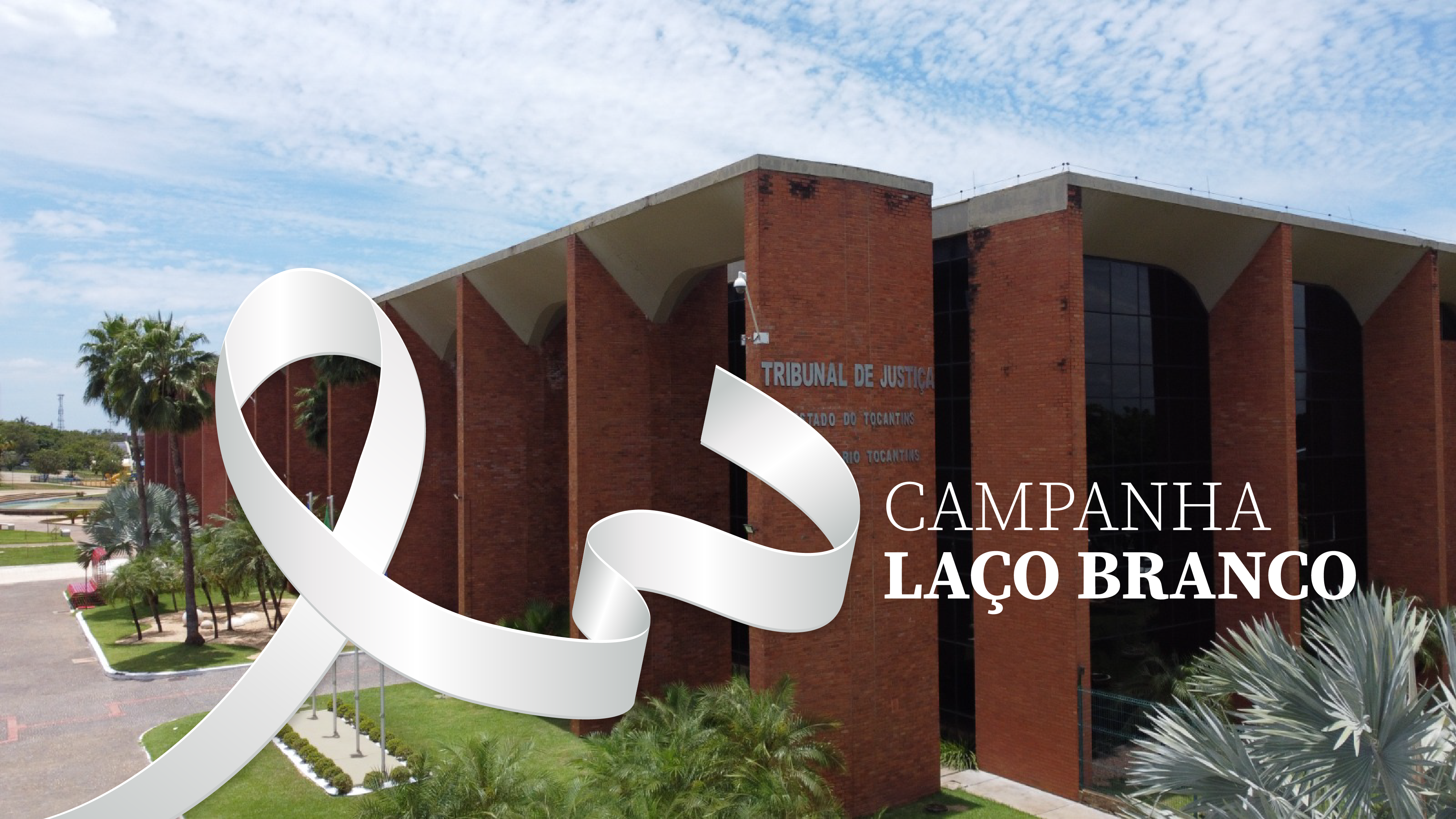 Foto aérea do prédio do Tribunal de Justiça do Estado do Tocantins (TJTO), em Palmas. A construção em destaque é de tijolos aparentes, com grandes pilares e amplas fachadas de vidro. O céu está parcialmente nublado, com luz suave iluminando a paisagem. À frente do prédio, vê-se a área verde com palmeiras, jardins bem cuidados e o espaço destinado aos mastros de bandeiras.  No canto esquerdo da imagem, aparece um laço branco estilizado, símbolo internacional do engajamento dos homens pelo fim da violência contra as mulheres. Sobreposto à direita, em letras brancas, está o texto “CAMPANHA LAÇO BRANCO”, reforçando a identidade visual da ação institucional.
