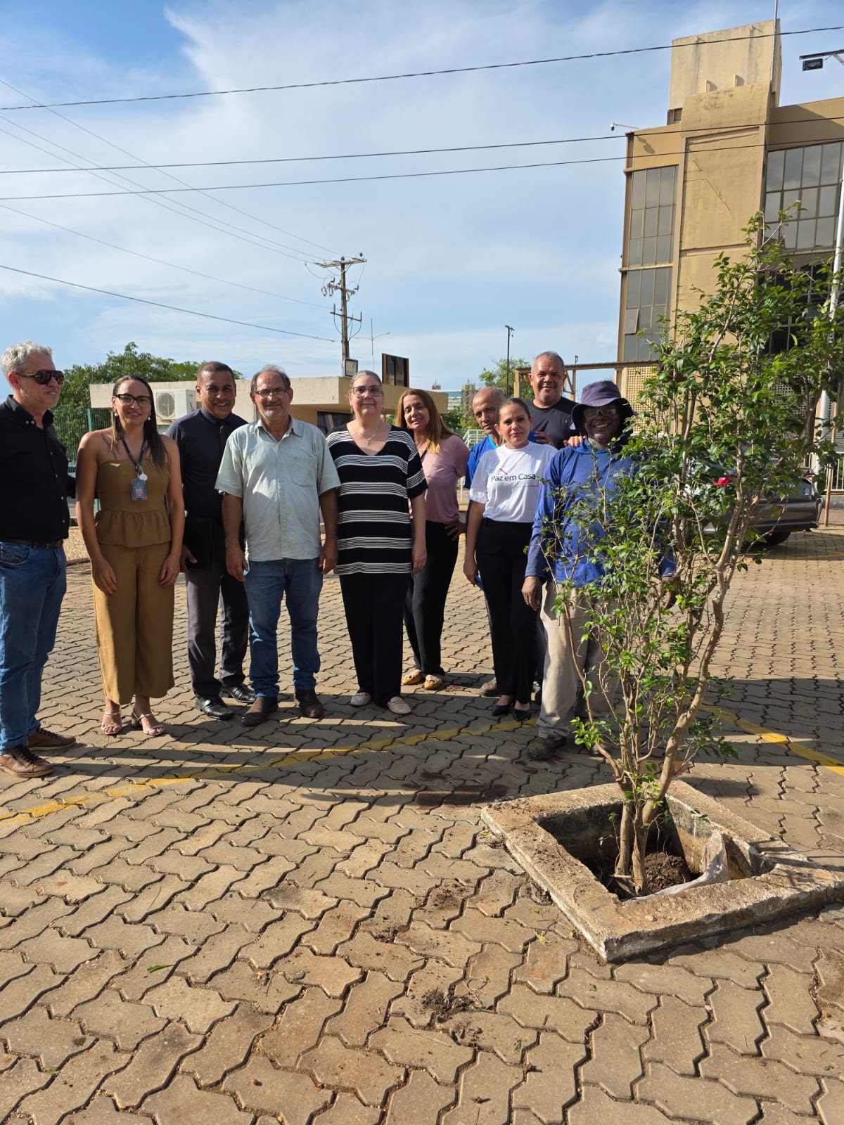 A foto mostra um grupo de pessoas posicionado em um estacionamento pavimentado, reunido atrás de uma muda já plantada em um canteiro quadrado de concreto. Ao fundo, aparecem um prédio, veículos e fiação elétrica. A cena ocorre ao ar livre, em dia ensolarado.