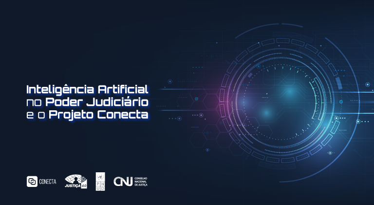 Banner institucional com fundo azul escuro. À esquerda, texto em branco: “Inteligência Artificial no Poder Judiciário e o Projeto Conecta”. À direita, gráfico circular de interface tecnológica em tons de azul e roxo. Na parte inferior, logotipos do Projeto Conecta, Justiça 4.0, PNUD e CNJ.