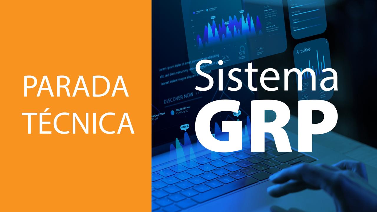 A arte apresenta, à esquerda, um bloco vertical em fundo laranja com o texto “PARADA TÉCNICA” em branco. À direita, aparece a imagem de um notebook em tons azulados, exibindo gráficos digitais na tela, com a mão de uma pessoa digitando. Sobre essa área, em destaque, está escrito “Sistema GRP” em letras grandes brancas.