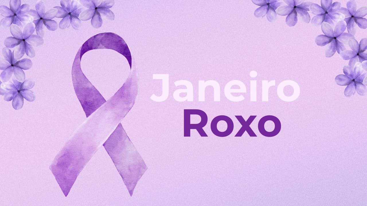 A imagem apresenta uma composição visual em tons de lilás e roxo, associada à campanha Janeiro Roxo. Ao centro, destaca-se um laço roxo estilizado, símbolo da conscientização sobre a hanseníase. À direita, aparece o texto “Janeiro Roxo”, com a palavra “Janeiro” em tom claro e “Roxo” em roxo mais intenso, criando contraste e destaque.