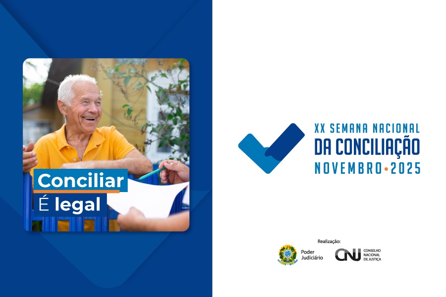 A imagem mostra um senhor sorridente, de camiseta amarela, conversando com alguém diante de um portão azul. Sobre a foto, o texto diz “Conciliar é legal”. Ao lado, em fundo branco, aparece o símbolo da campanha e a frase “XX Semana Nacional da Conciliação – Novembro 2025”, acompanhada dos logos do Poder Judiciário e do CNJ.