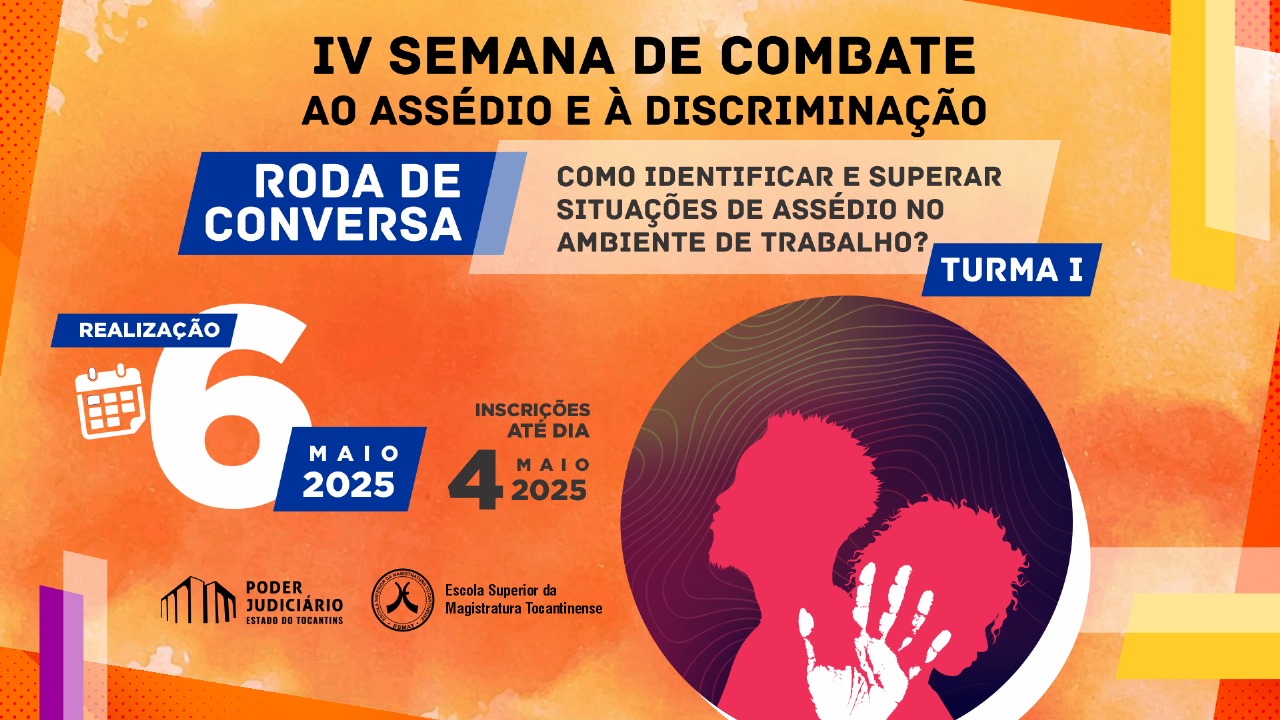 Arte em tons alaranjados com semblante de homem e mulher e dizeres sobre evento de combate ao assédio e discriminação no trabalho