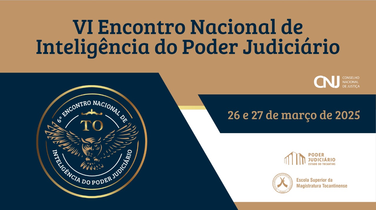 Arte gráfica do VI Encontro Nacional de Inteligência do Poder Judiciário, que ocorrerá nos dias 26 e 27 de março de 2025; pôster conta com elementos gráficos que incluem um logotipo com uma figura de uma coruja em voo.