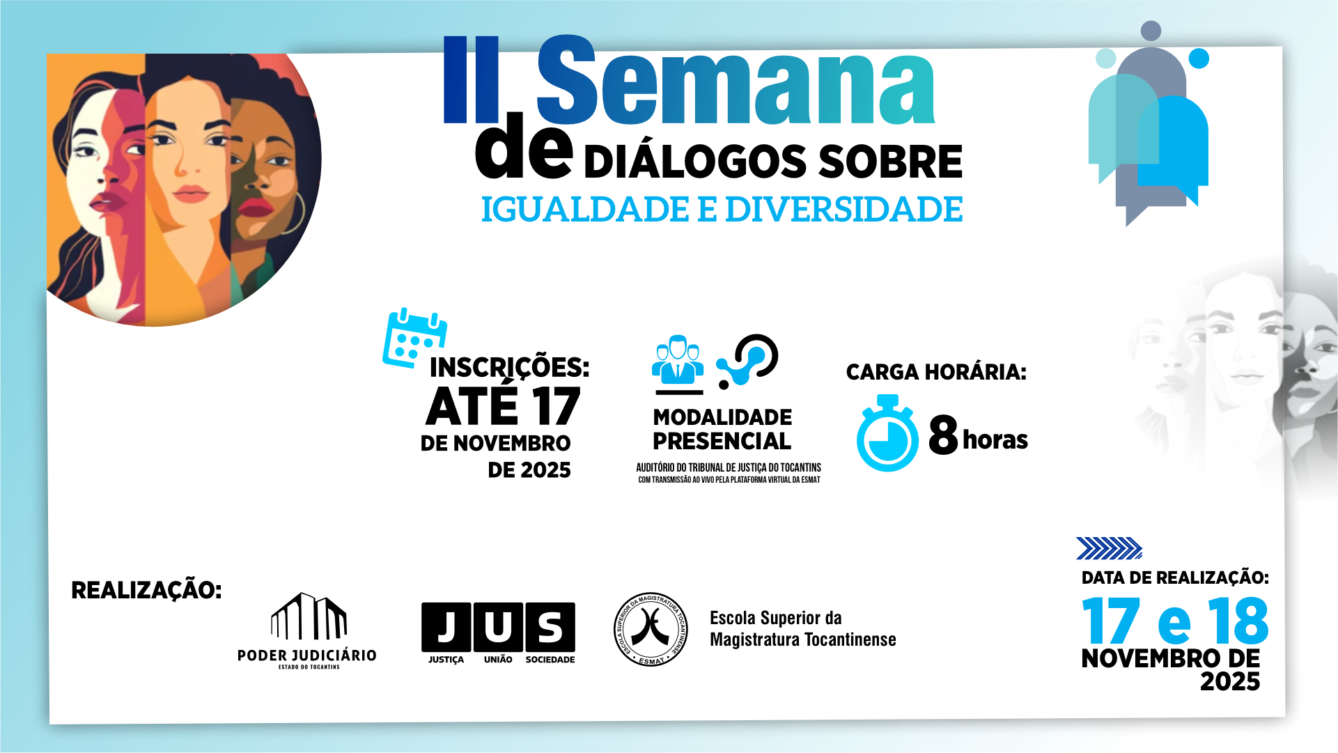 Imagem colorida de um card de matéria. No canto superior esquerdo tem a imagem de três mulheres diferentes, no meio os dizeres "Segunda Semana de Diálogos Sobre Igualdade e Diversidade", e abaixo as informações do evento 