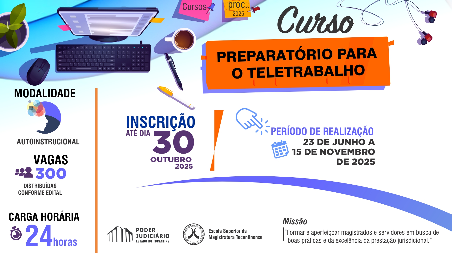 Imagem colorida (azul escuro, azul claro, roxo e laranja) com diversos elementos visuais remetendo a uma mesa de escritório como computador, lapis, caneta, caneca de café, etc. A imagem está repleta de dizeres com informações presentes na matéria. 