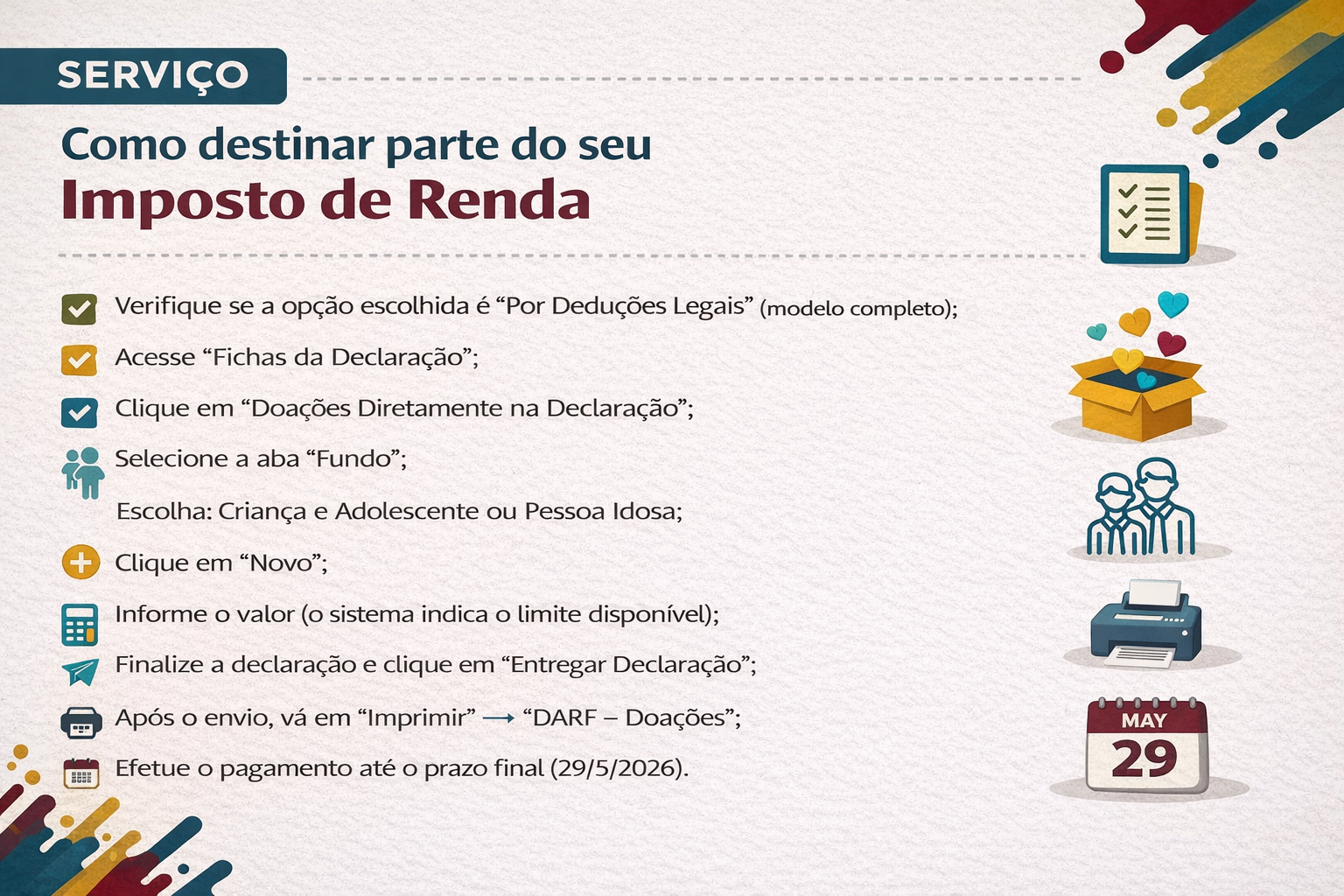 Infográfico com o título “Como destinar parte do seu Imposto de Renda”. Apresenta passo a passo em tópicos com ícones ilustrativos. Fundo claro, elementos gráficos coloridos nos cantos. À direita, imagens de checklist, doação, pessoas, impressora e calendário com data 29/5/2026.