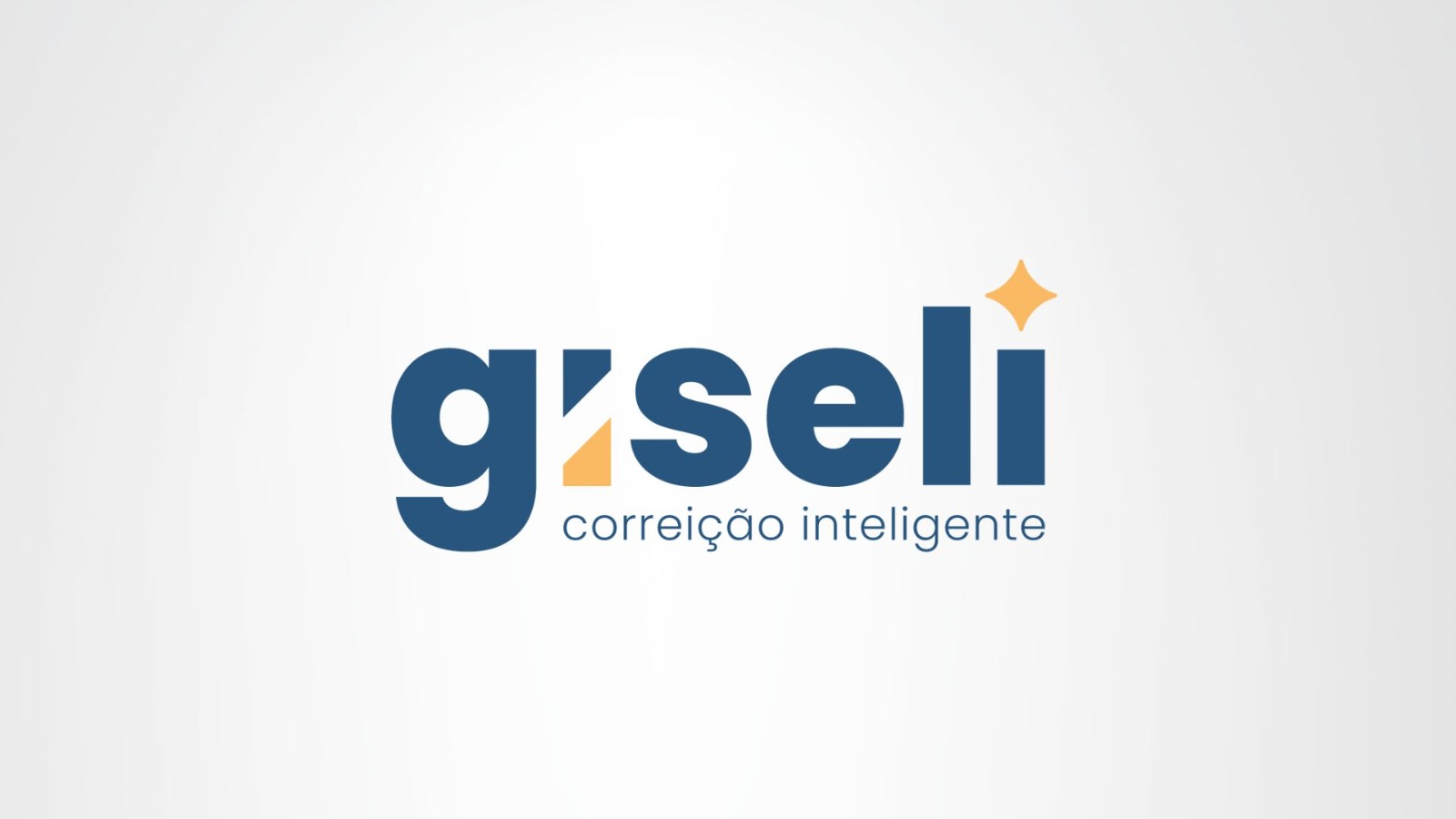 imagem apresenta um logotipo em fundo claro (cinza bem suave). No centro, está a palavra “giseli” em letras minúsculas, com tipografia moderna e arredondada, na cor azul. Alguns detalhes em tom amarelo destacam partes das letras — especialmente um elemento triangular dentro do “g” e um pequeno símbolo em forma de estrela acima da letra “i”.  Abaixo do nome principal, aparece o subtítulo “correção inteligente”, em letras menores e também na cor azul, indicando a proposta da ferramenta ou sistema.  O design é limpo e contemporâneo, transmitindo ideia de tecnologia, inovação e simplicidade.