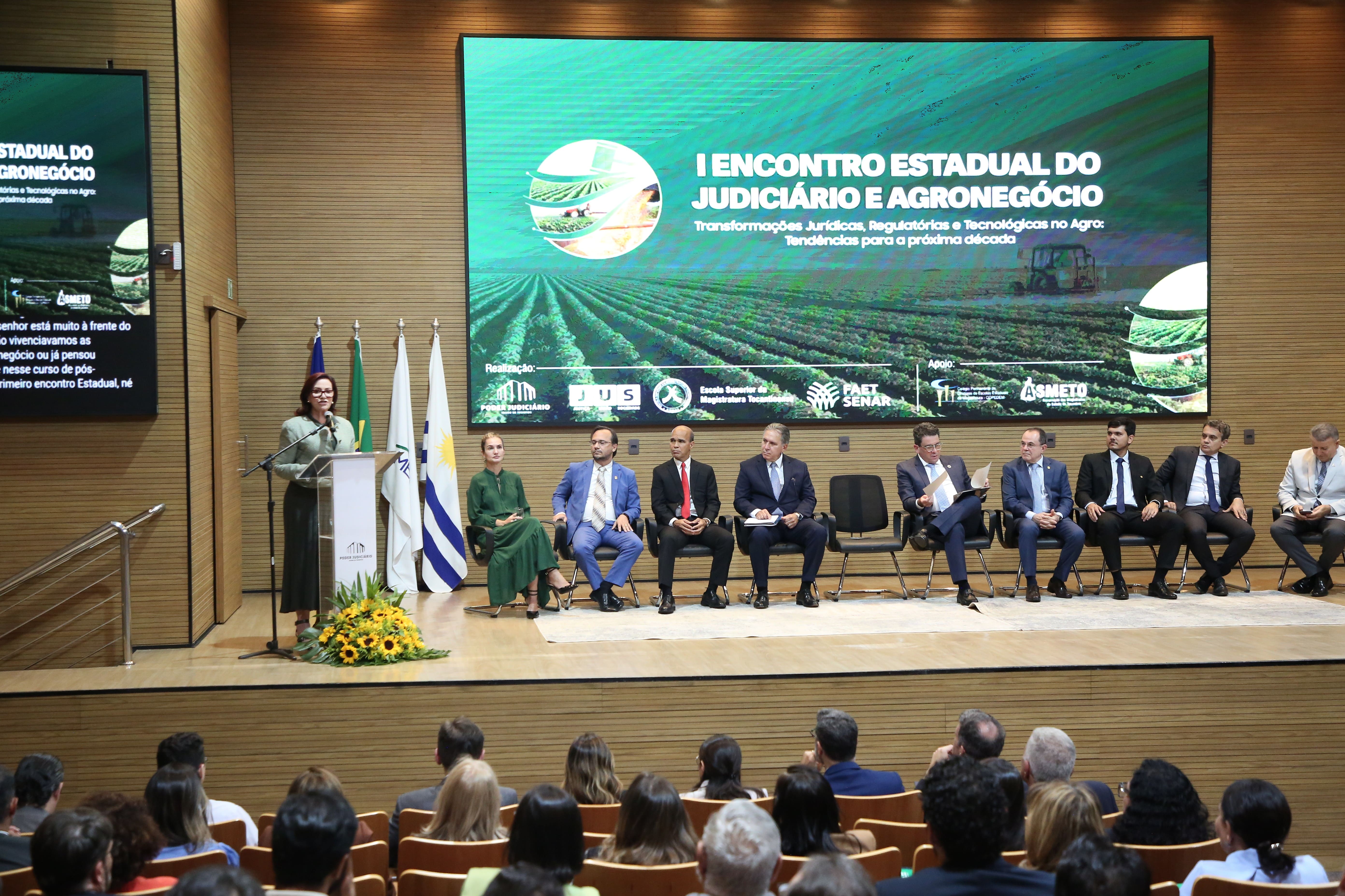 imagem aberta com a desembargadora Etelvina à esquerda falando ao microfone e ao centro o dispositivo de honra do evento