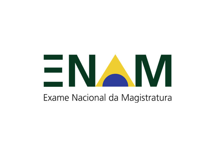 Logomarca do Enam (Exame Nacional da Magistratura) em fundo claro, com a sigla estilizada nas cores verde, amarelo e azul.
