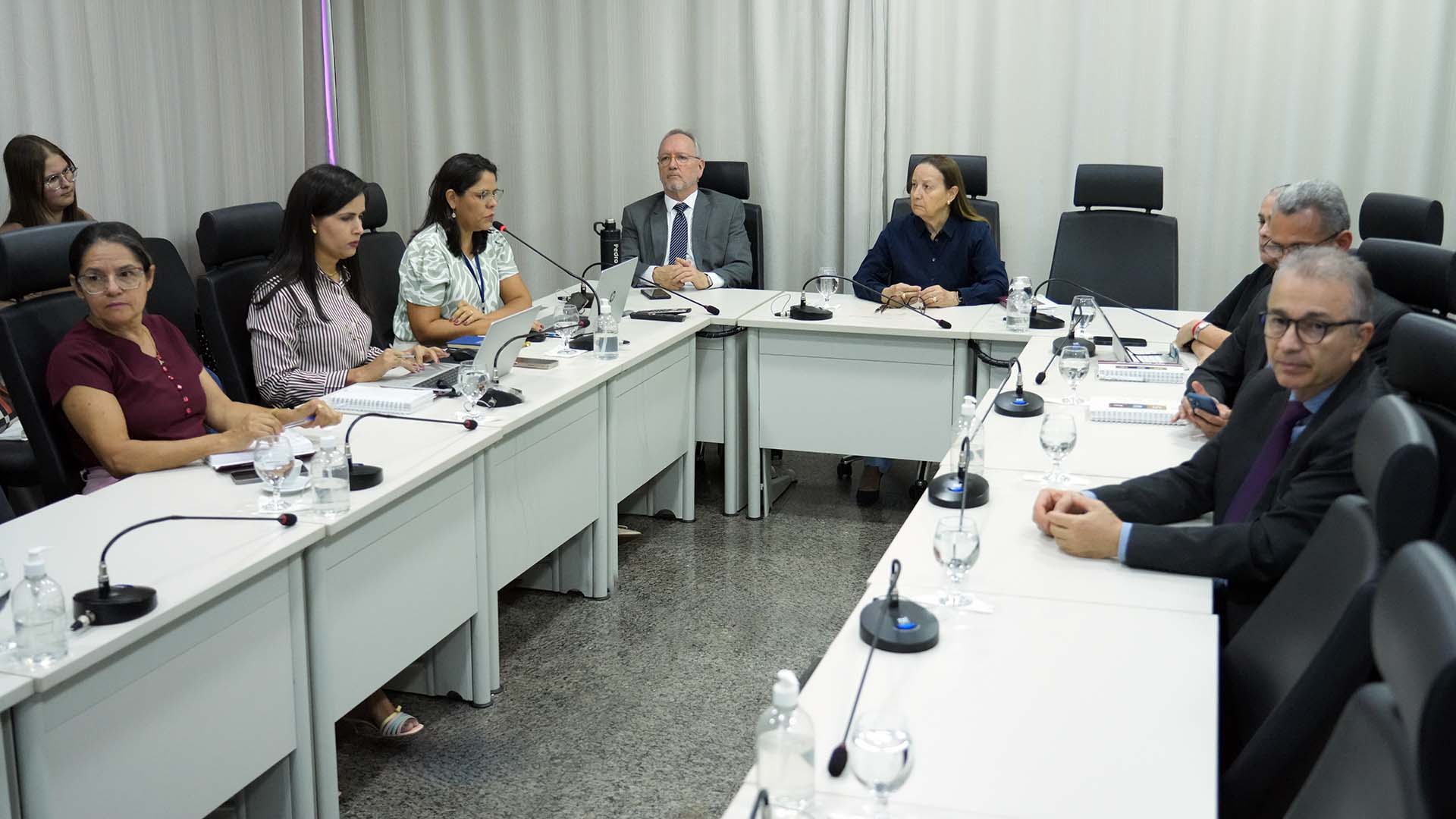 A imagem mostra uma reunião institucional realizada em uma sala de reuniões, com a participação de magistrados(as), servidores(as) e gestores(as) sentados ao redor de uma mesa em formato de “U”. Durante o encontro, uma participante faz uso da palavra ao microfone, enquanto os demais acompanham atentamente as discussões. Sobre as mesas há notebooks, blocos de anotações, microfones, copos de água e frascos de álcool em gel. O ambiente é organizado e formal, evidenciando um momento de análise, planejamento e alinhamento de ações administrativas e estratégicas.