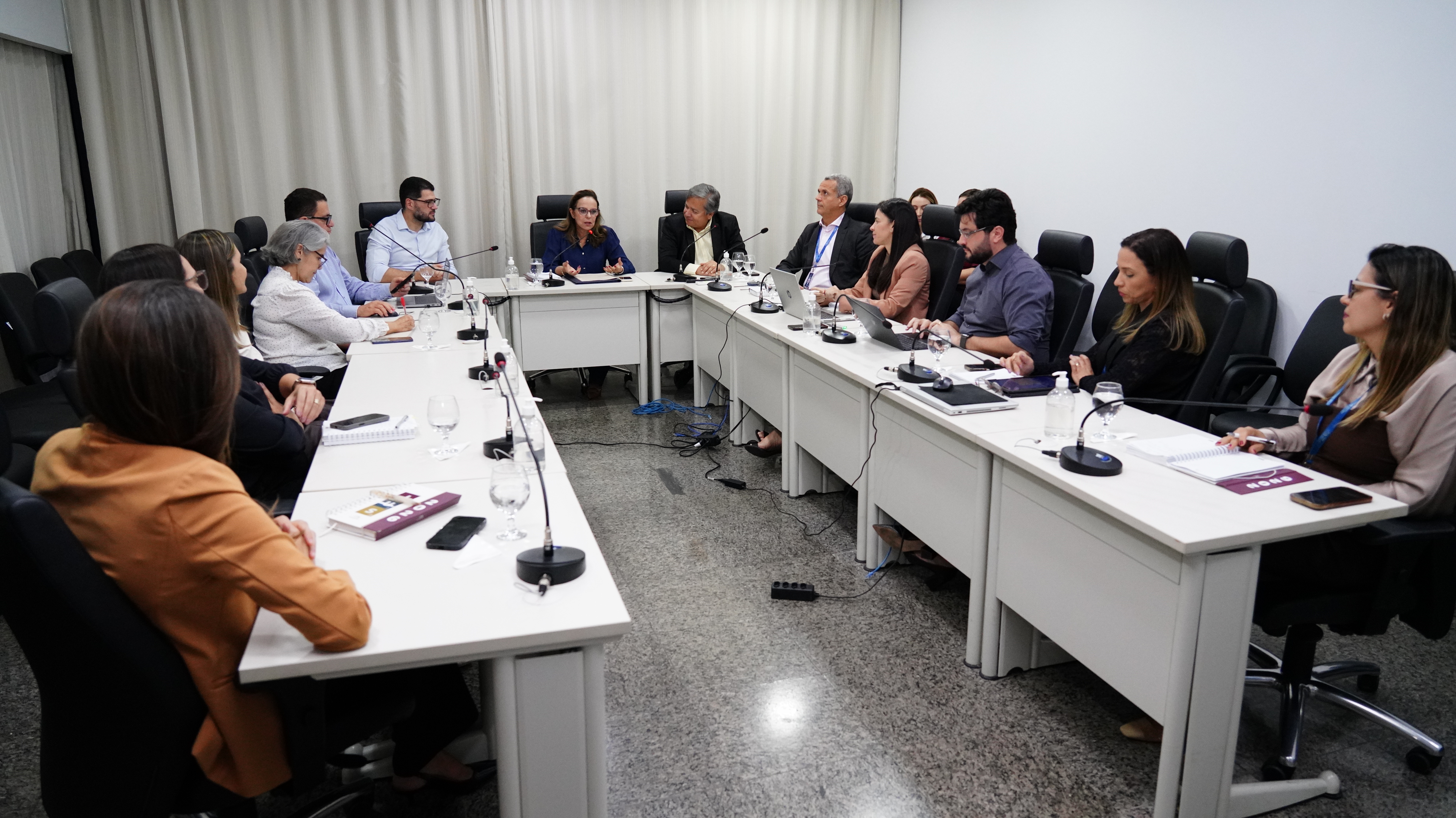 A imagem mostra os integrantes da Comissão Gestora do Plano de Logística Sustentável reunidos na sala de reuniões do CINUGEP durante a apresentação dos indicadores e das ações do PLS 2026.  Conduzido pela desembargadora Ângela Prudente, o encontro reuniu magistrados(as) e gestores(as) para avaliar resultados, discutir estratégias e definir ações voltadas ao fortalecimento da sustentabilidade no TJTO.