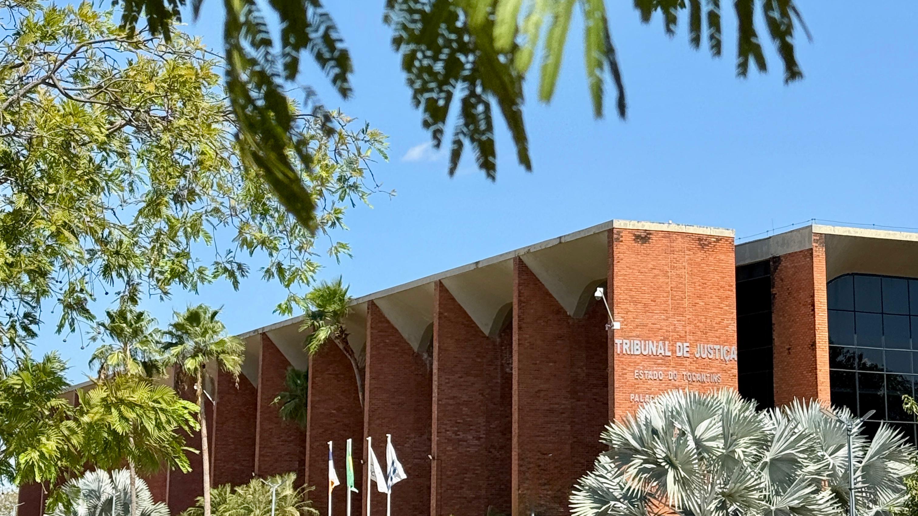 Imagem mostra a vista lateral de detalhe da fachada da sede do Tribunal de Justiça do Tocantins, mostrando parte do Palácio Rio Tocantins cercada por galhos de árvores