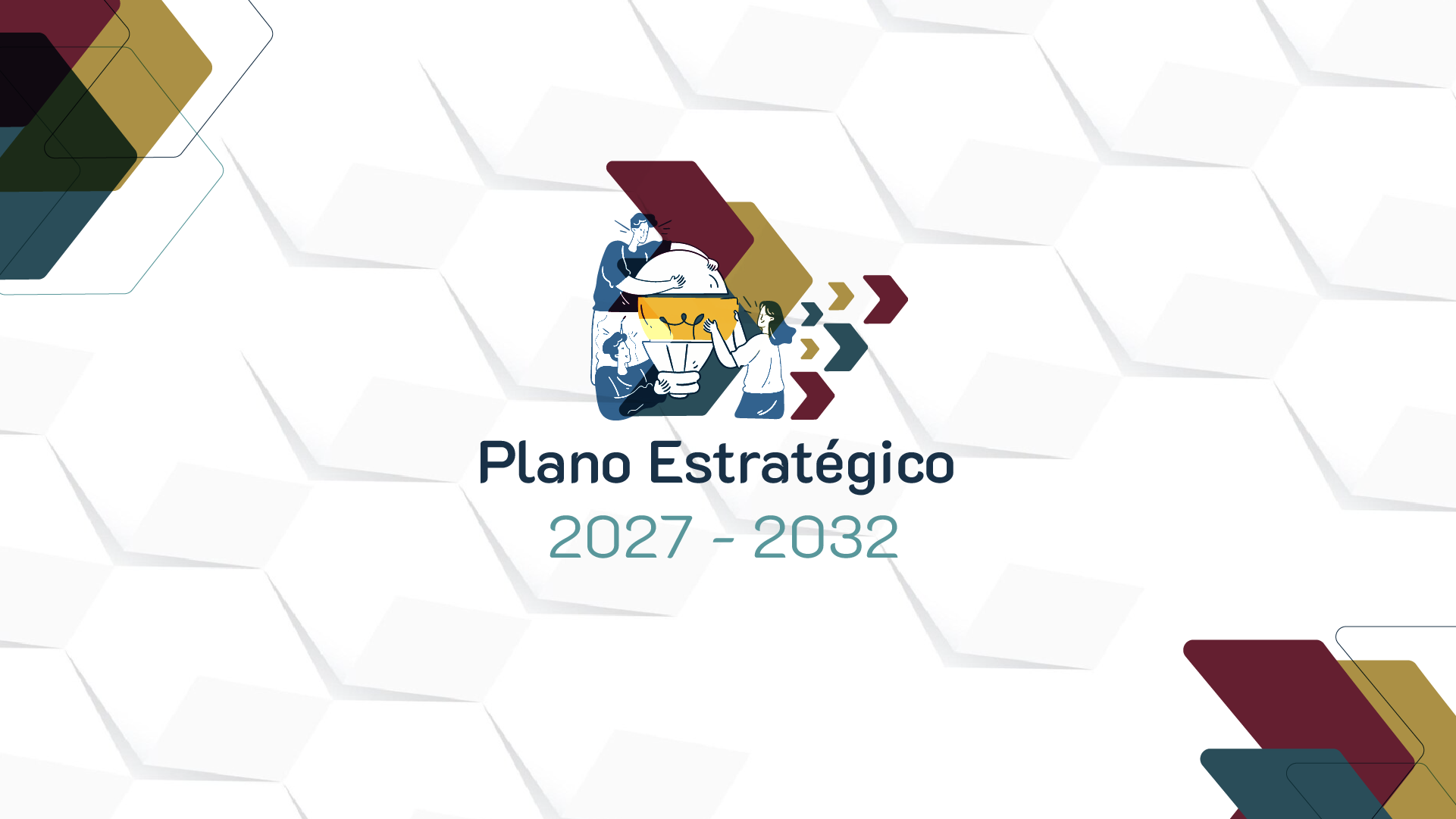 Imagem ilustrativa de fundo branco com as palavras plano estratégico na cor verde musco e ilustração nos cantos superior esquerdo e inferior direito e centro