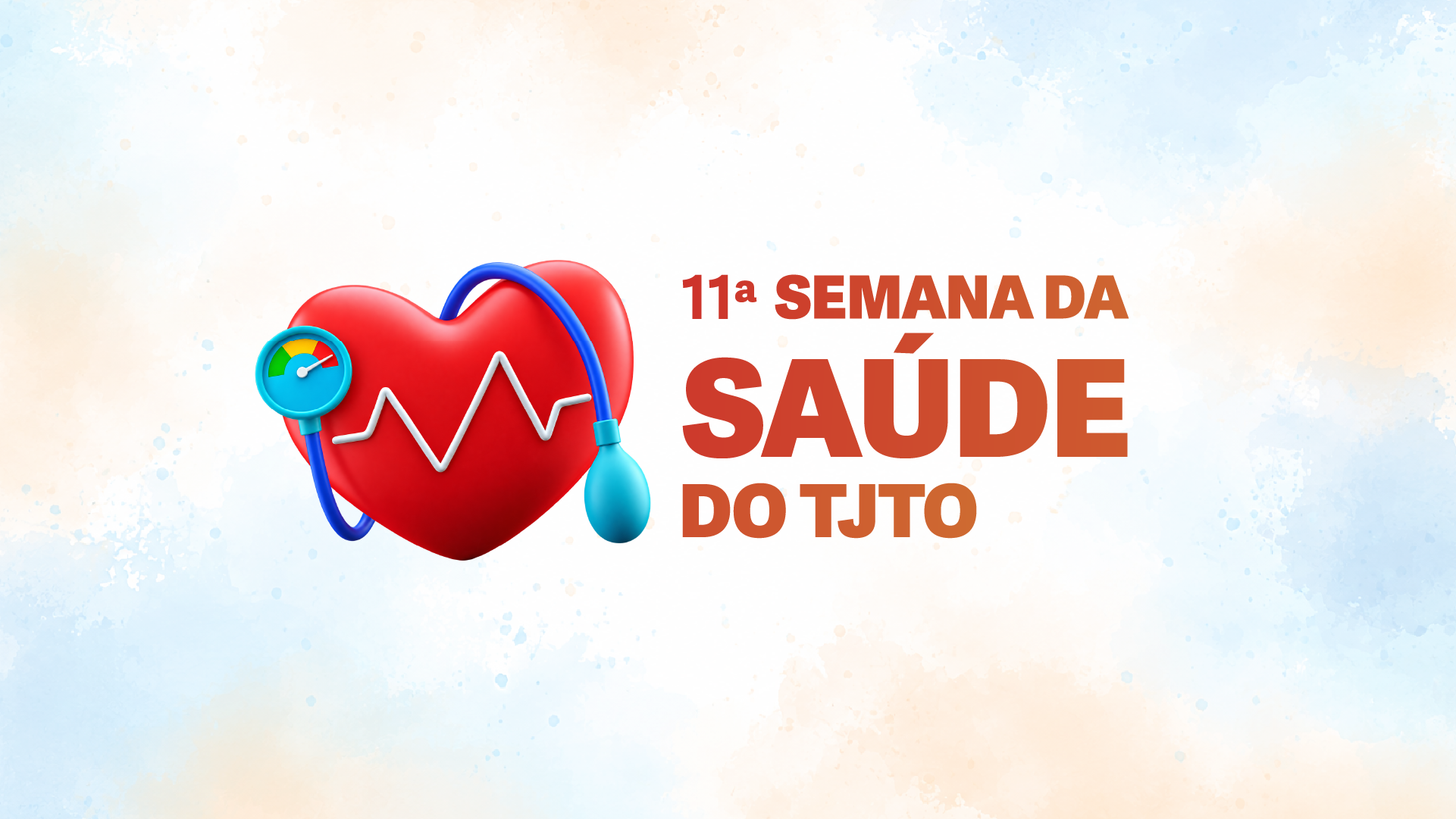 A imagem é um card de divulgação da 11ª Semana da Saúde do TJTO. À esquerda, há uma ilustração de um coração vermelho em 3D com um traçado de eletrocardiograma branco. Envolvendo o coração, um estetoscópio azul com detalhes em turquesa, cujo medidor exibe um mostrador colorido em verde, amarelo e vermelho. À direita, em destaque, o texto em letras grandes e em tons de vermelho e laranja: “11ª Semana da Saúde do TJTO”. O fundo é claro, com efeito de aquarela em tons suaves de azul e bege.