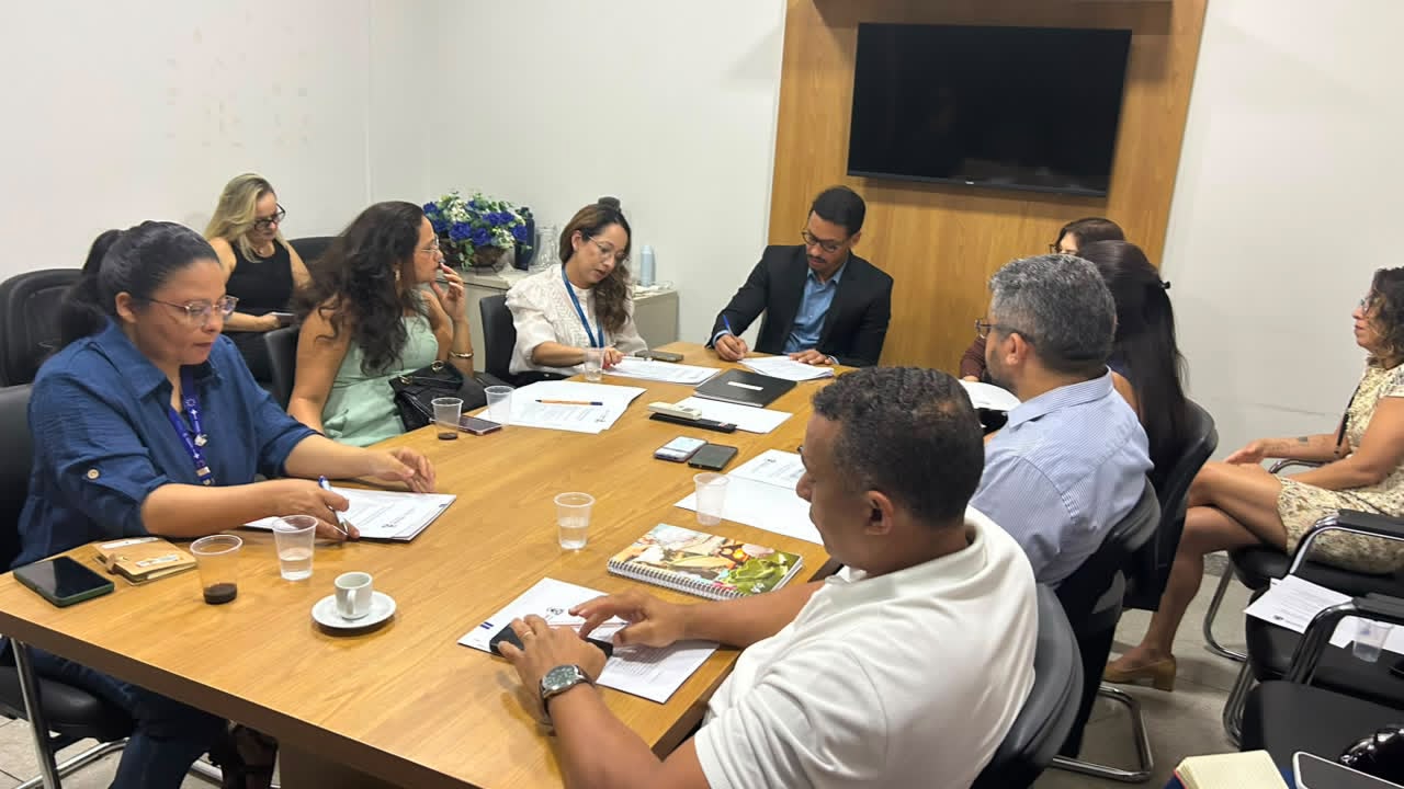 A imagem mostra uma reunião realizada em uma sala de reuniões, com cerca de dez pessoas sentadas ao redor de uma mesa retangular de madeira. Os participantes analisam documentos, fazem anotações e acompanham a discussão. Em destaque, um homem de terno escuro e camisa azul escreve em uma folha, enquanto uma mulher de blusa branca também registra informações. Sobre a mesa há papéis, celulares, copos descartáveis com água e café, uma xícara de café e um caderno. Ao fundo, uma televisão desligada está fixada em um painel de madeira, e um arranjo de flores azuis decora um móvel próximo à parede branca, reforçando o ambiente institucional do encontro.