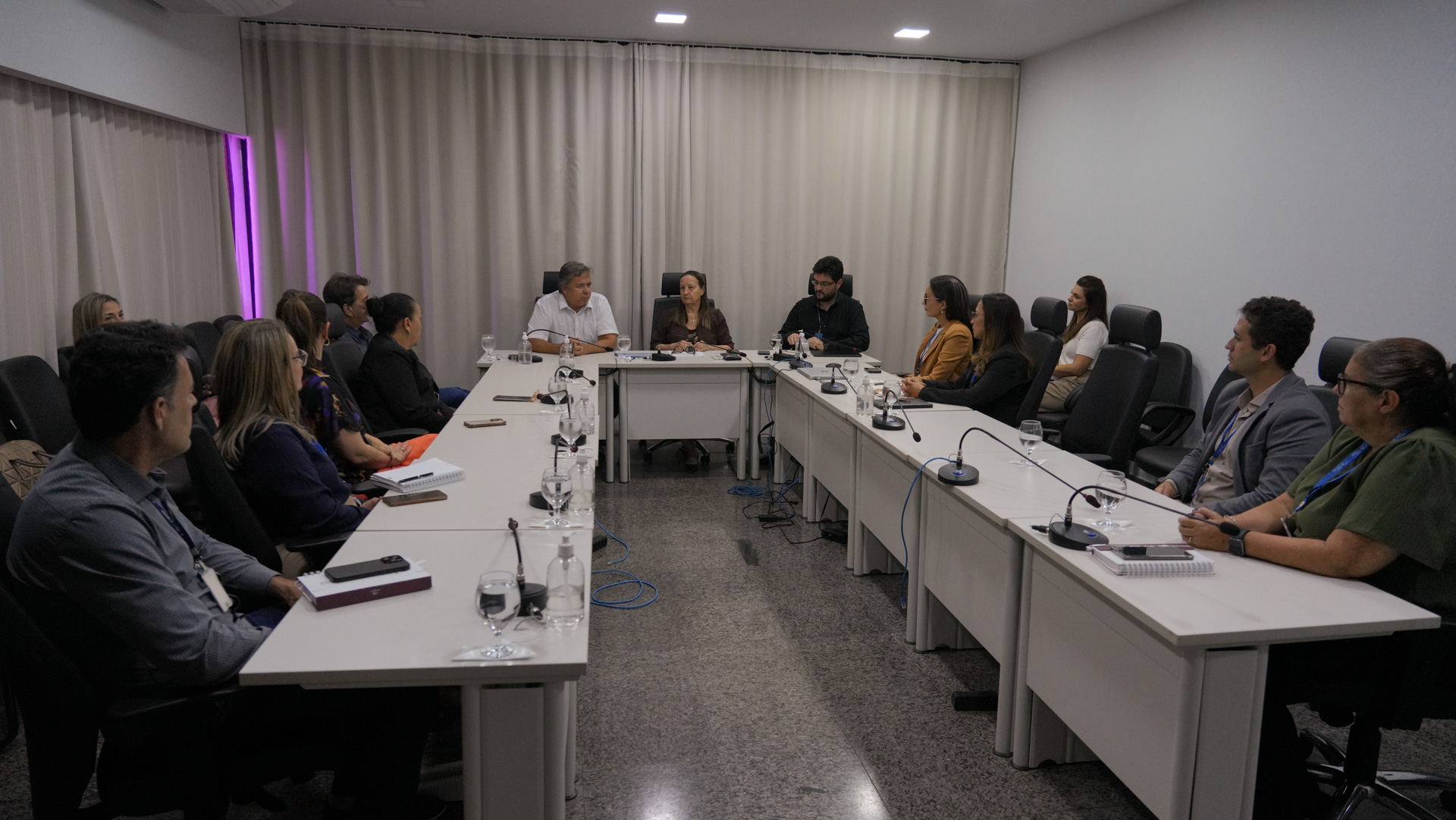A presidente do TJTO, desembargadora Maysa Vendramini Rosal, reúne-se com magistrados(as), servidores(as) e integrantes da Comissão Permanente de Transparência, posicionados ao redor de mesas em uma sala de reuniões.