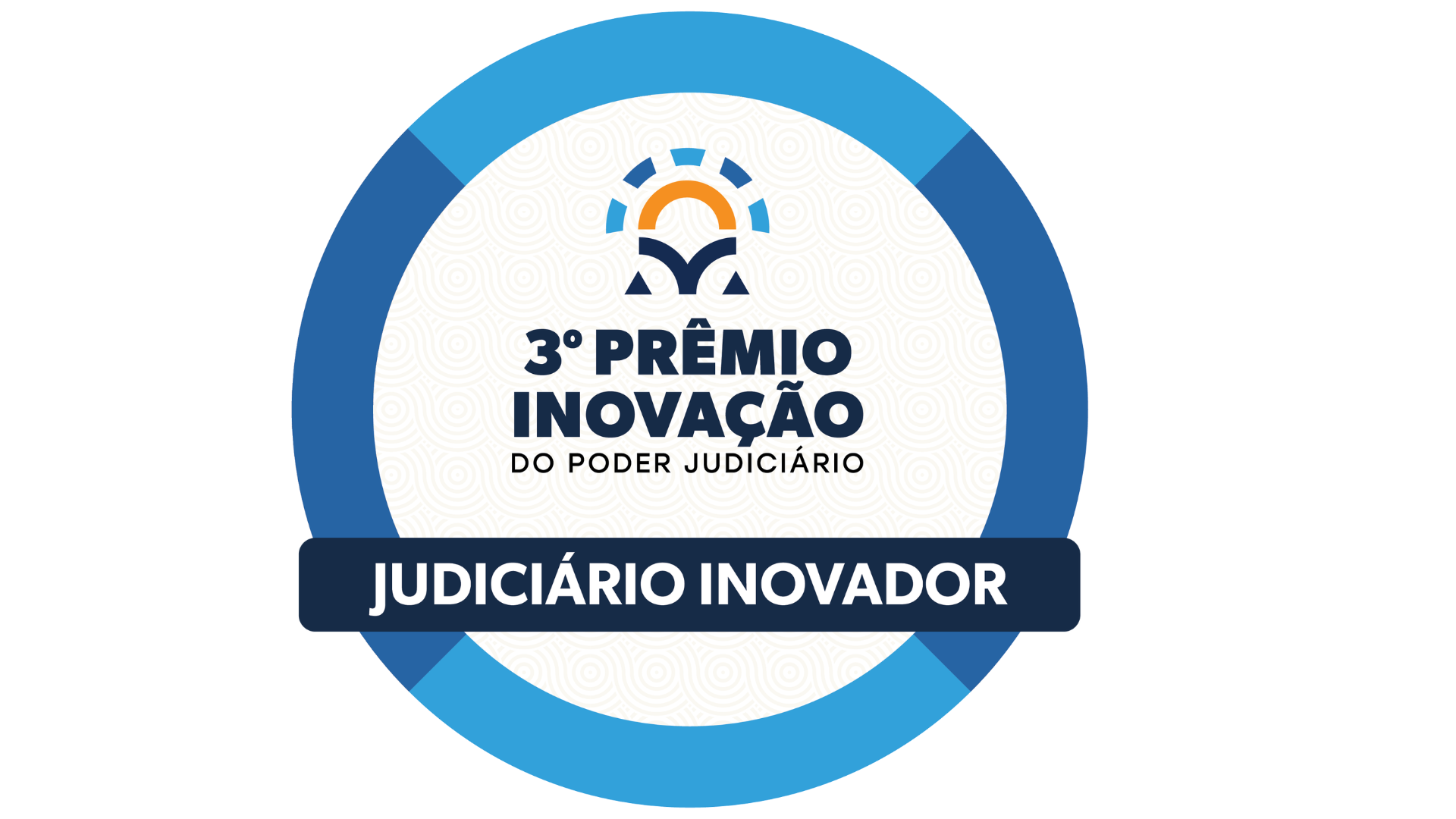 Imagem com o logotipo do 3º Prêmio Inovação do Poder Judiciário e a inscrição “Judiciário Inovador”. A arte apresenta um símbolo circular em tons de azul, com detalhes em laranja e branco.
